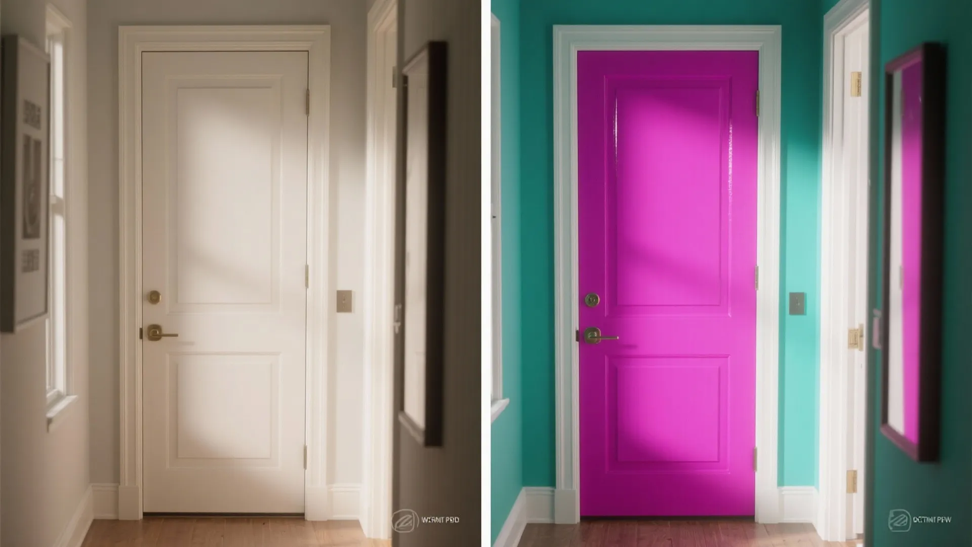 Before-and-after view of a small entryway showing the impact of a bold-painted door and glossy trim.