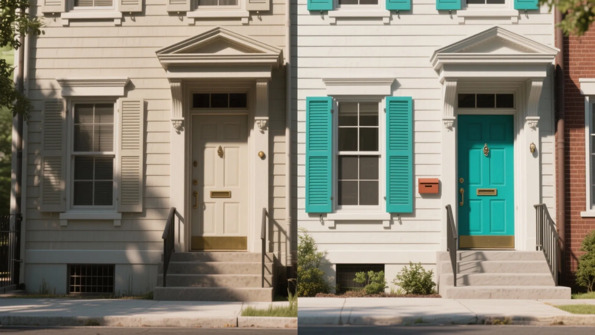 Split before-and-after of a townhouse facade showing a neutral door transformed to a bold teal door and shutters.
