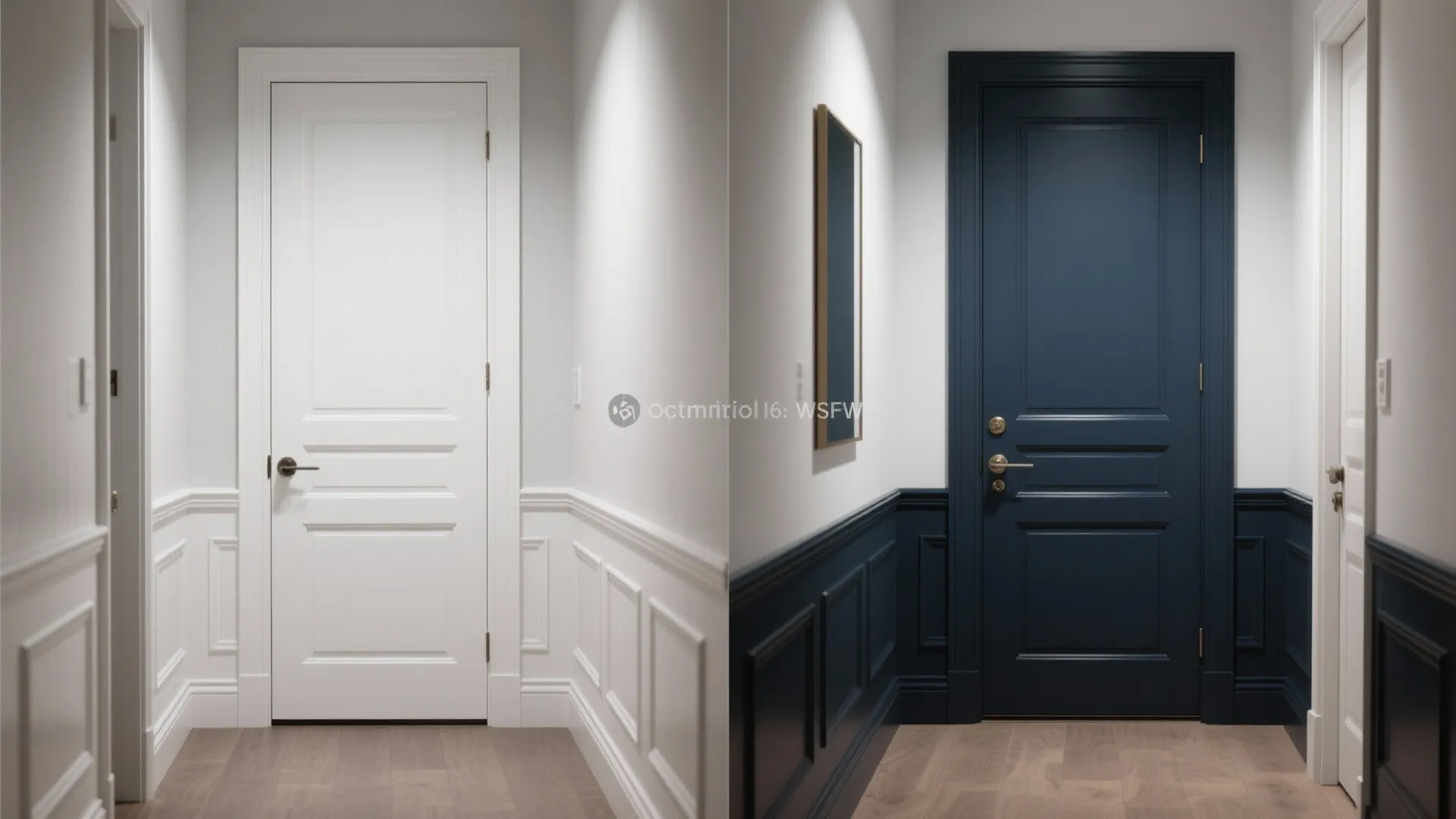 Before and after comparison of hallway with white wall panel versus dark blue wall panel design