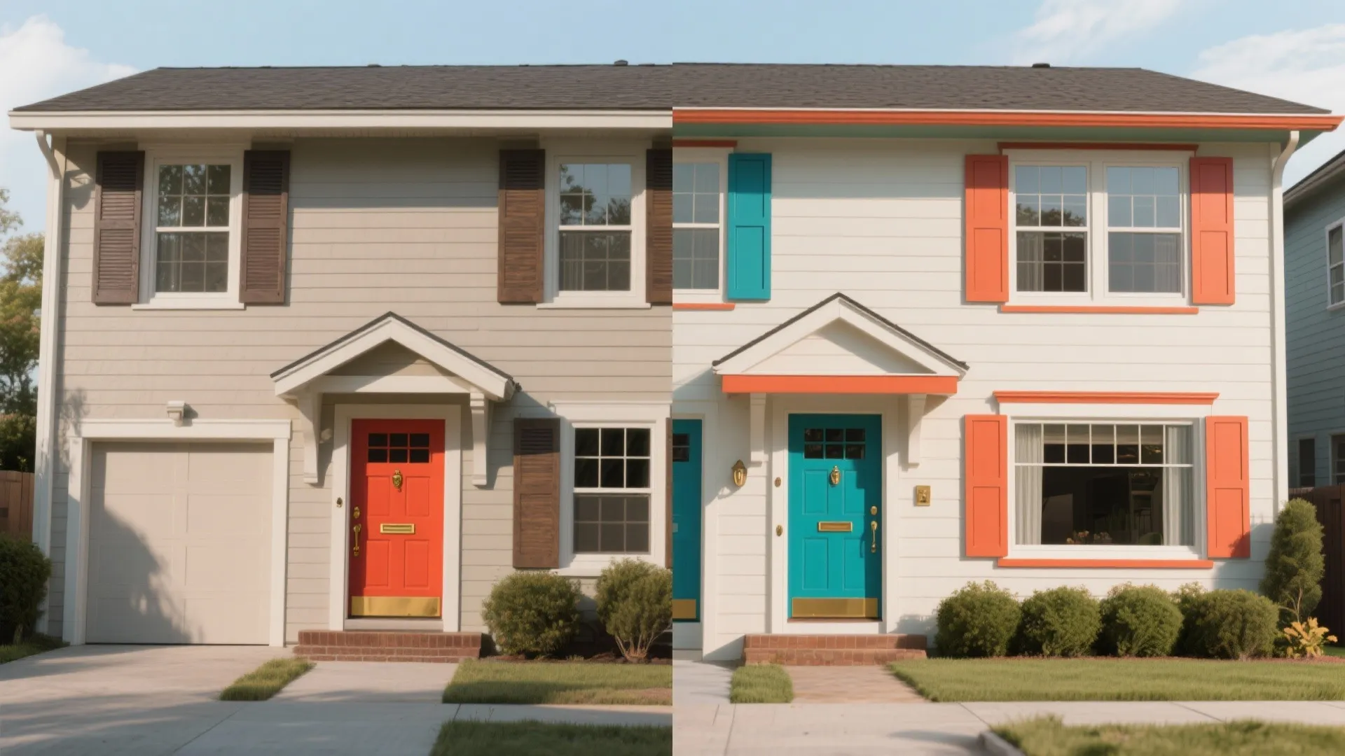 Split before-and-after showing the impact of a bold front door color and refreshed trim on curb appeal.