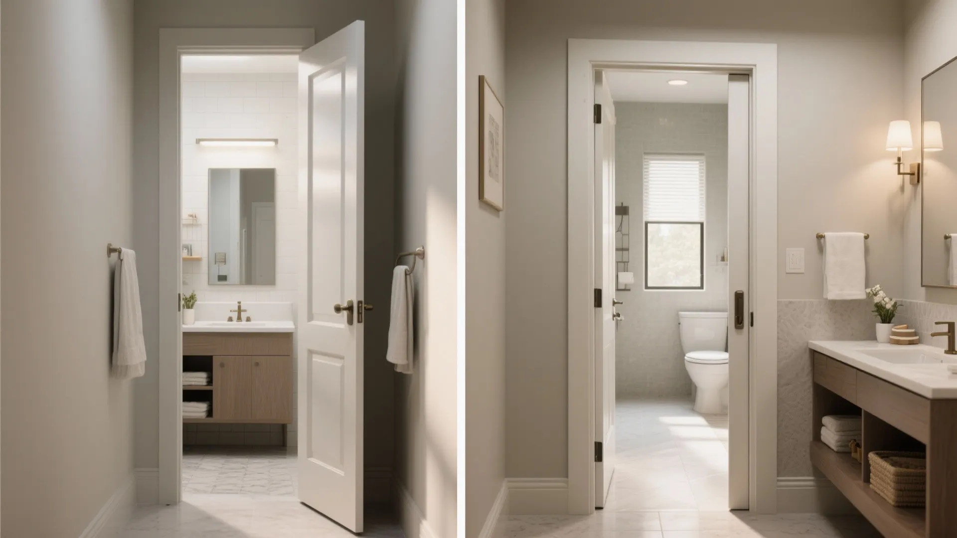 Before-and-after of bathroom entry replacing a swing door with a pocket door to free corridor space.