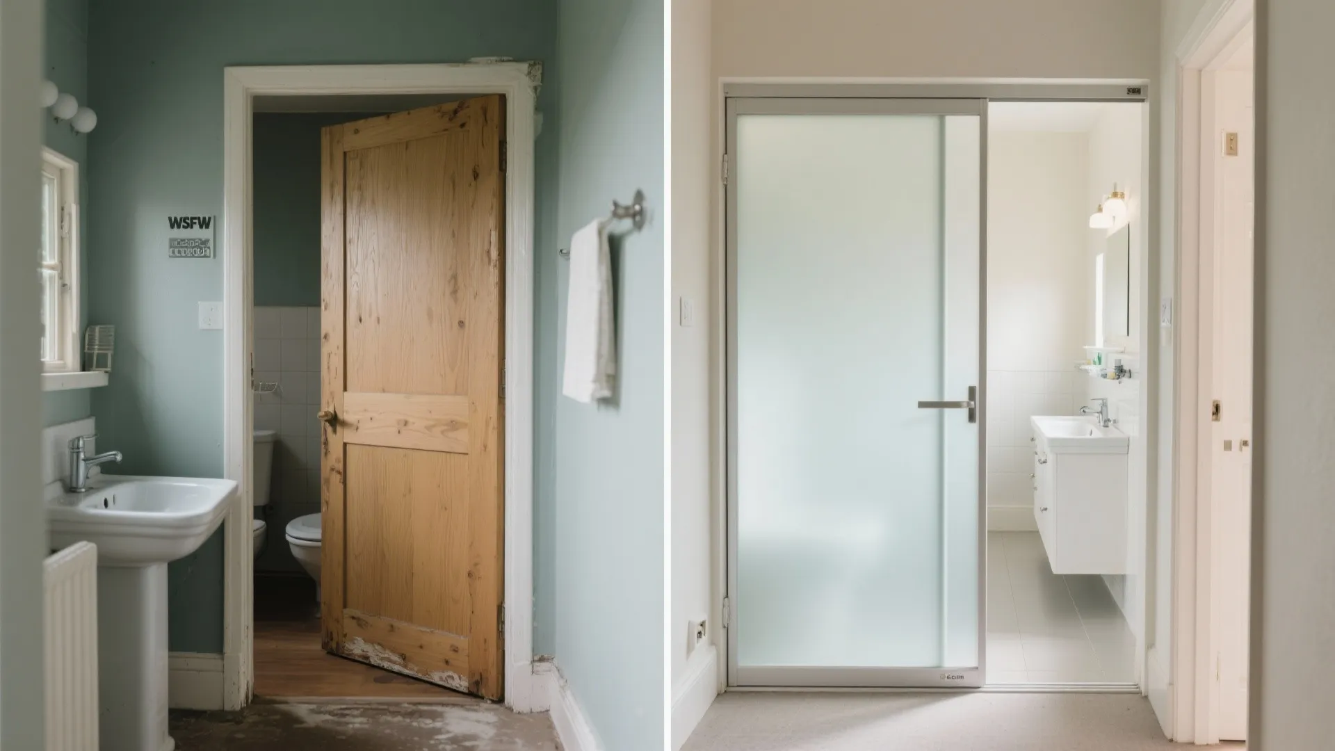 Comparison of an old wooden bathroom door versus a modern frosted glass door with frame