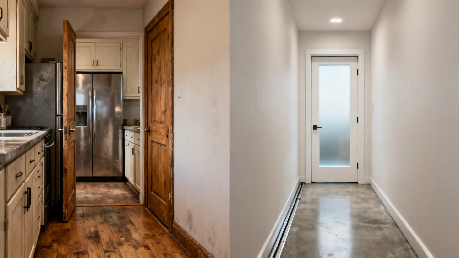 Before-and-after of kitchen entry: swing door crowding vs pocket door clearing space and adding light.
