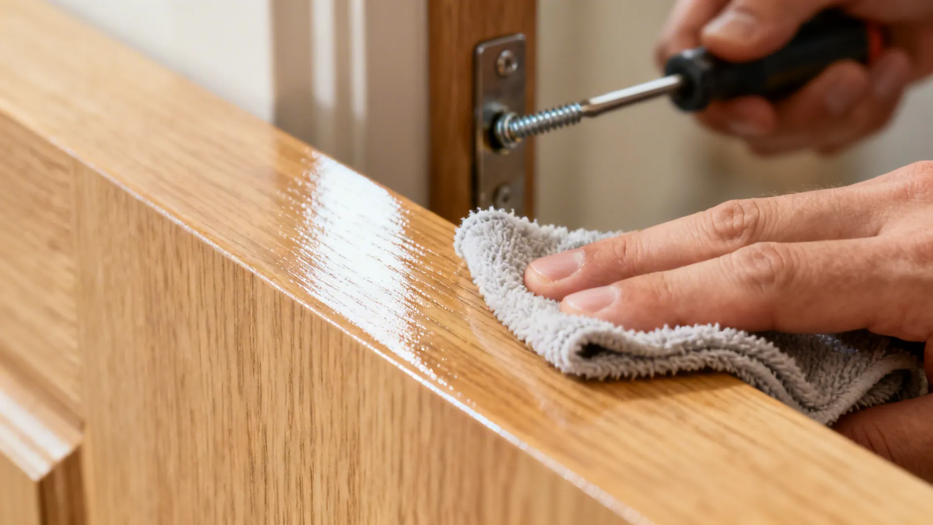 Person cleaning a wooden door with grey cloth while fixing metal hinge using a screwdriver