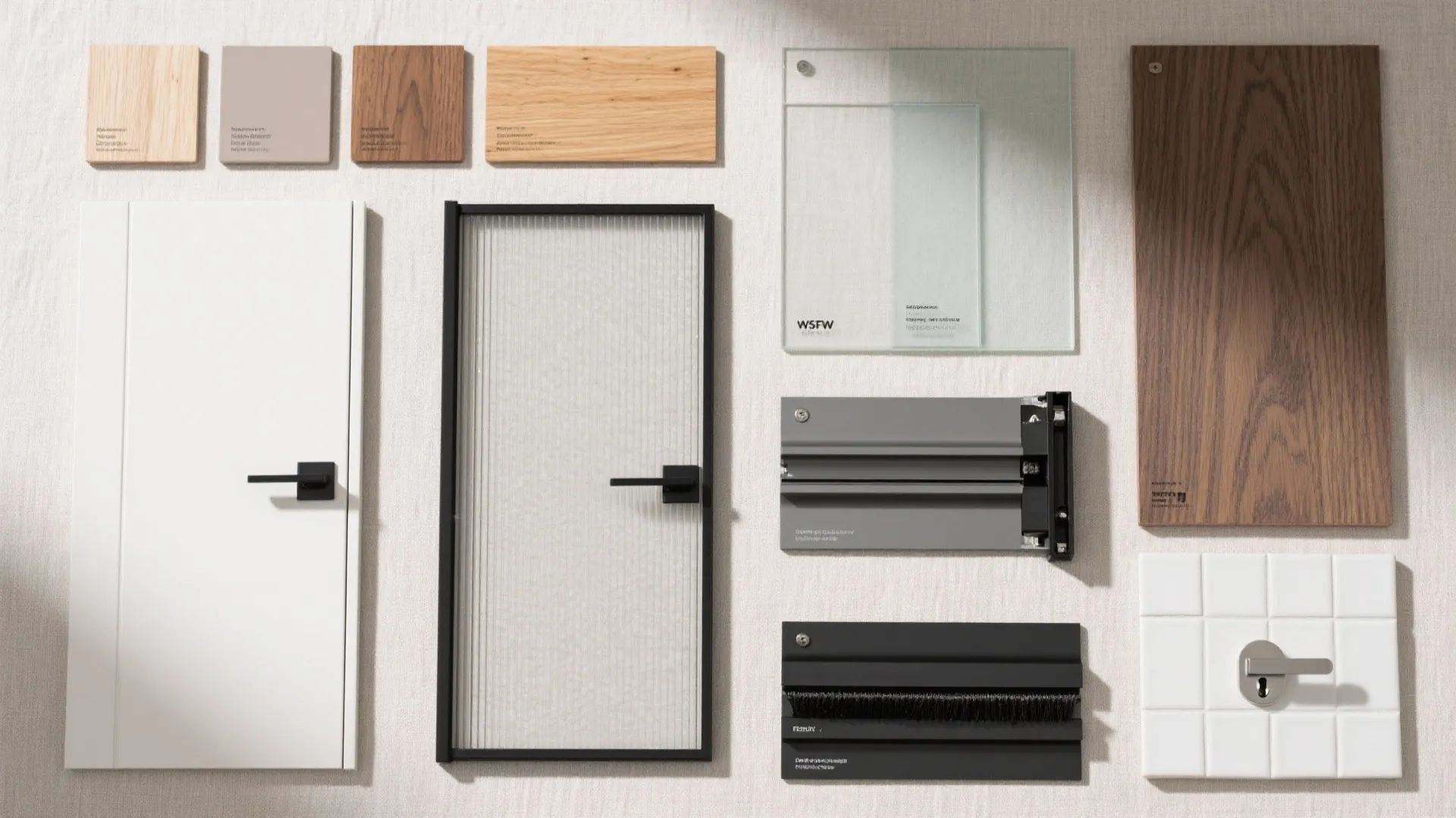 Collection of interior door samples including white wood glass panels metal hardware and wooden wall panels