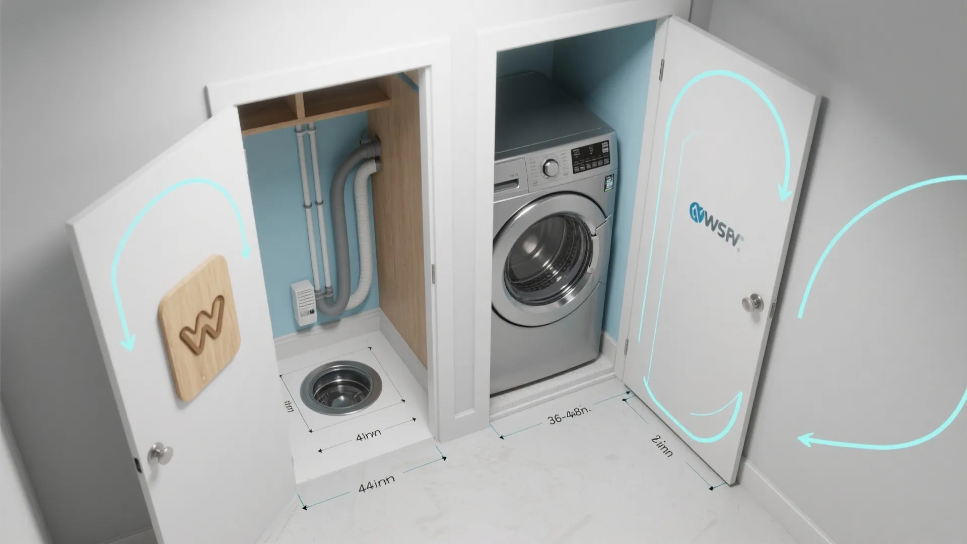 Interior design drawing showing door clearance measurements for a small closet with a washing machine