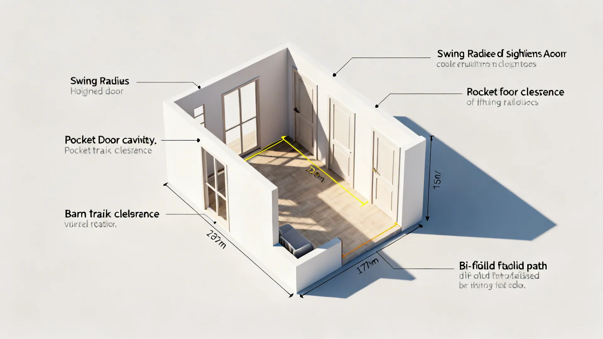 Top-down mockup floor plan showing clearances and sightlines for different door types.