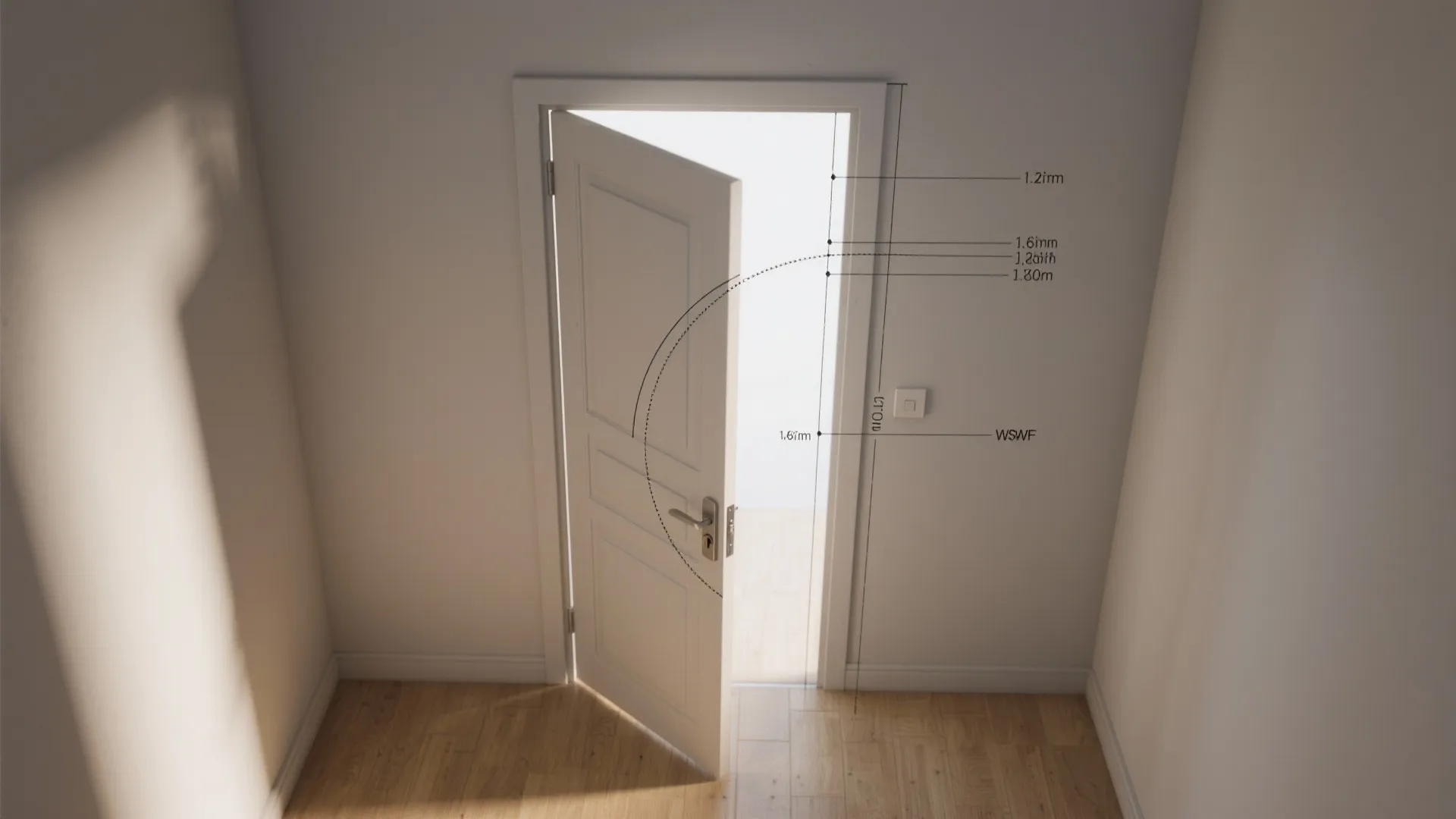 Interior design drawing showing measurements and opening swing path for a white bedroom wood door