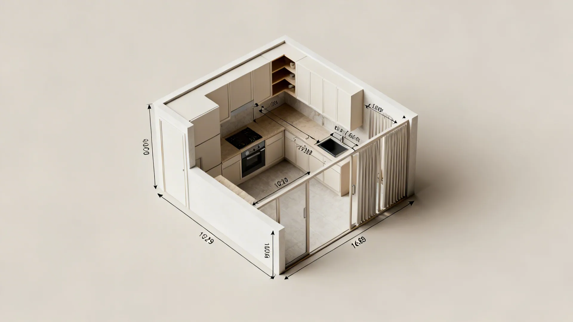 Top-down plan showing door swing arcs and clearances for various pantry door types in a tiny kitchen.