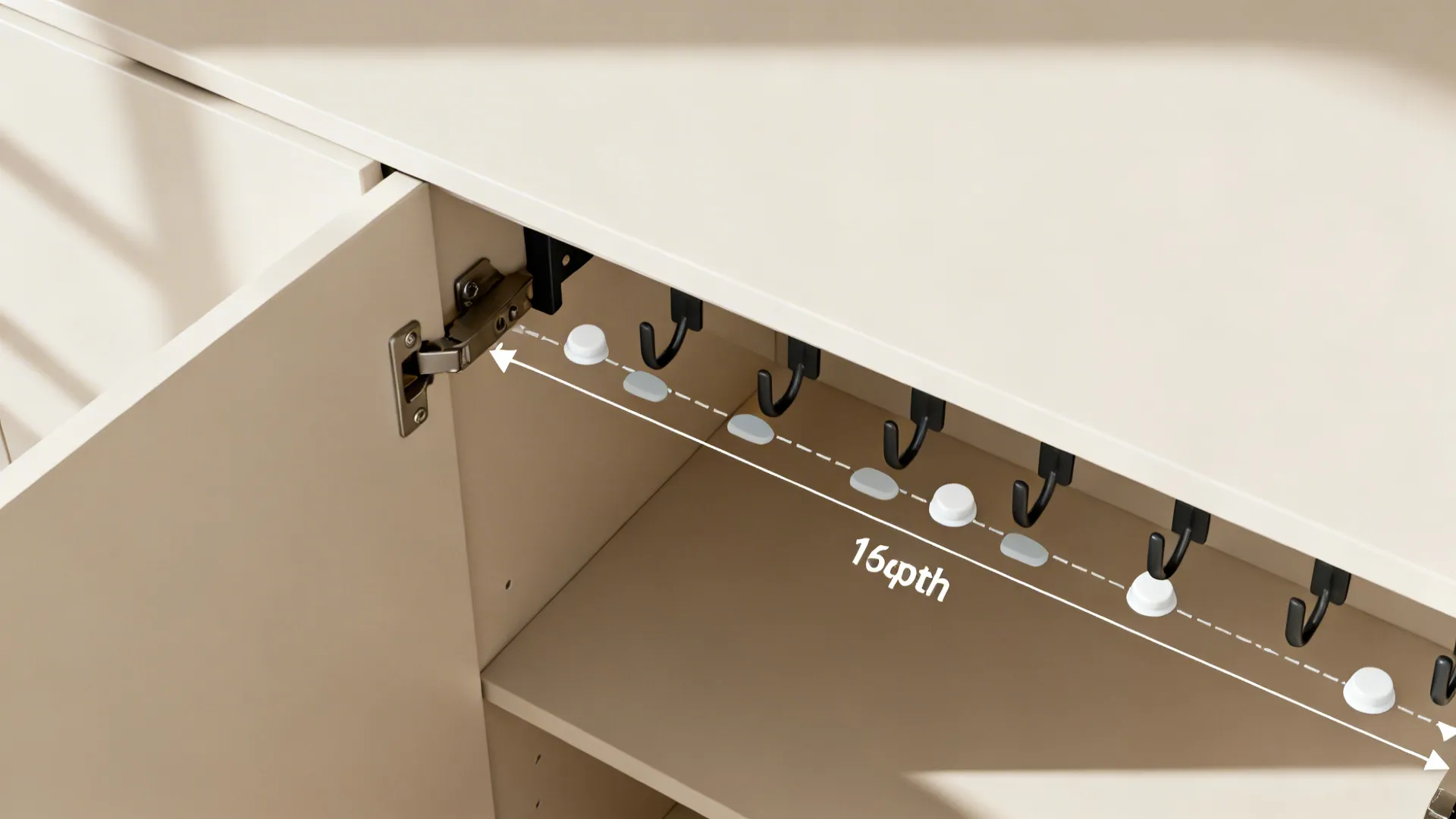 Top-down view illustrating cabinet door clearance and rack depth with accessories positioned.