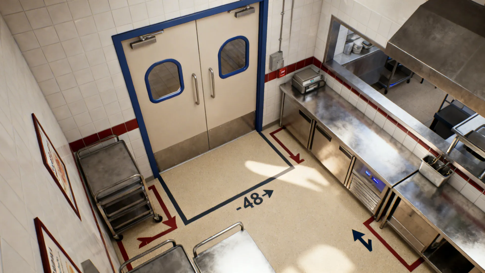 Top-down plan view showing door swing arcs, landing zones, and staff paths in a kitchen.