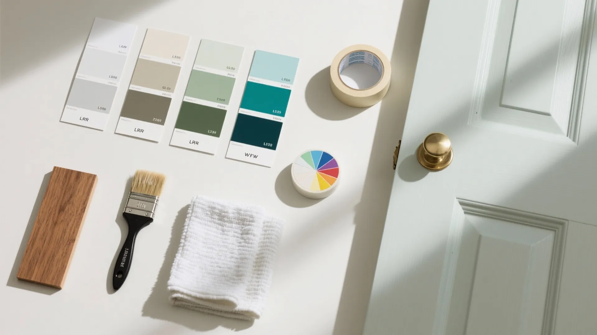 Painting tools with color swatches tape brush towel and wood block near a light door