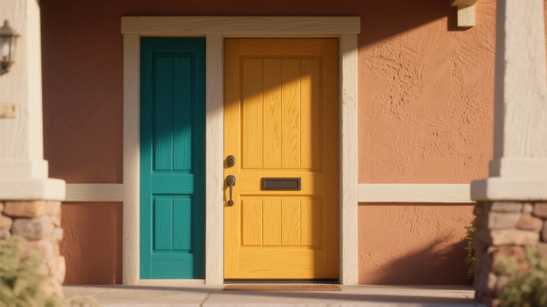 Close up of a bright yellow front door next to a teal blue side wall panel.