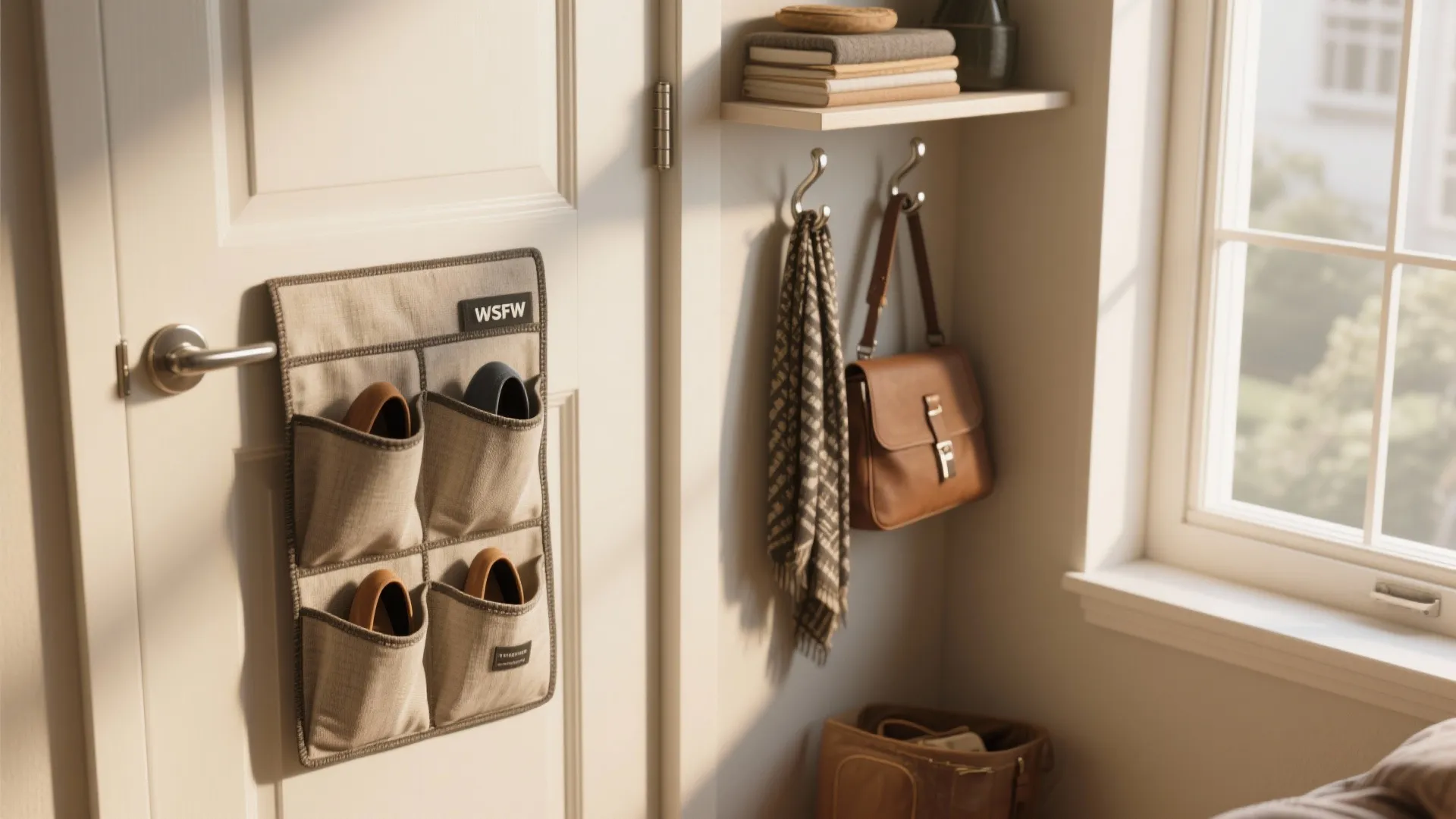 Back of door storage pocket for shoes with nearby wall hooks for bags and small shelf