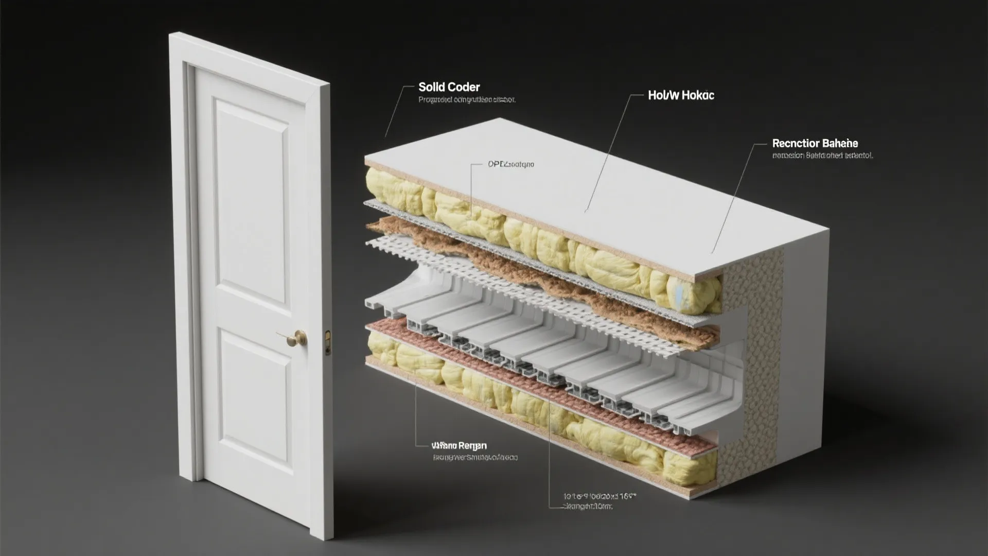 Diagram showing the internal structure and layered materials of a white wooden bedroom door panel