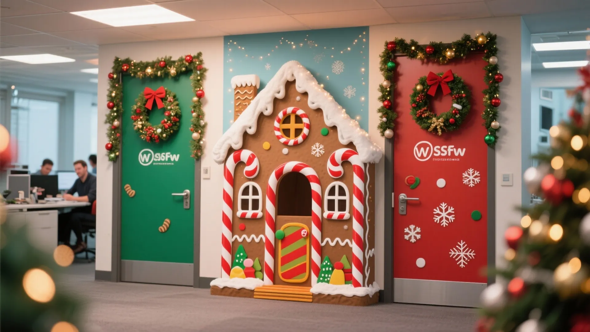 Office doors decorated with Christmas wreaths and a large gingerbread house cutout in the middle