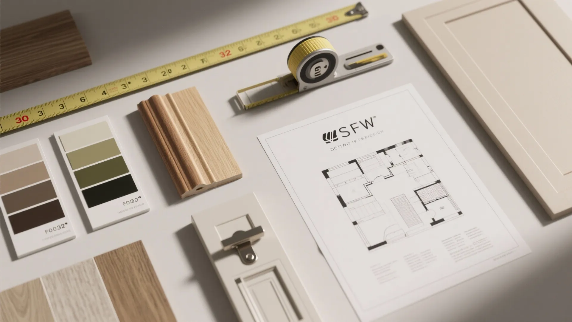Top view of room layout drawing with measuring tape color swatches and wood material samples