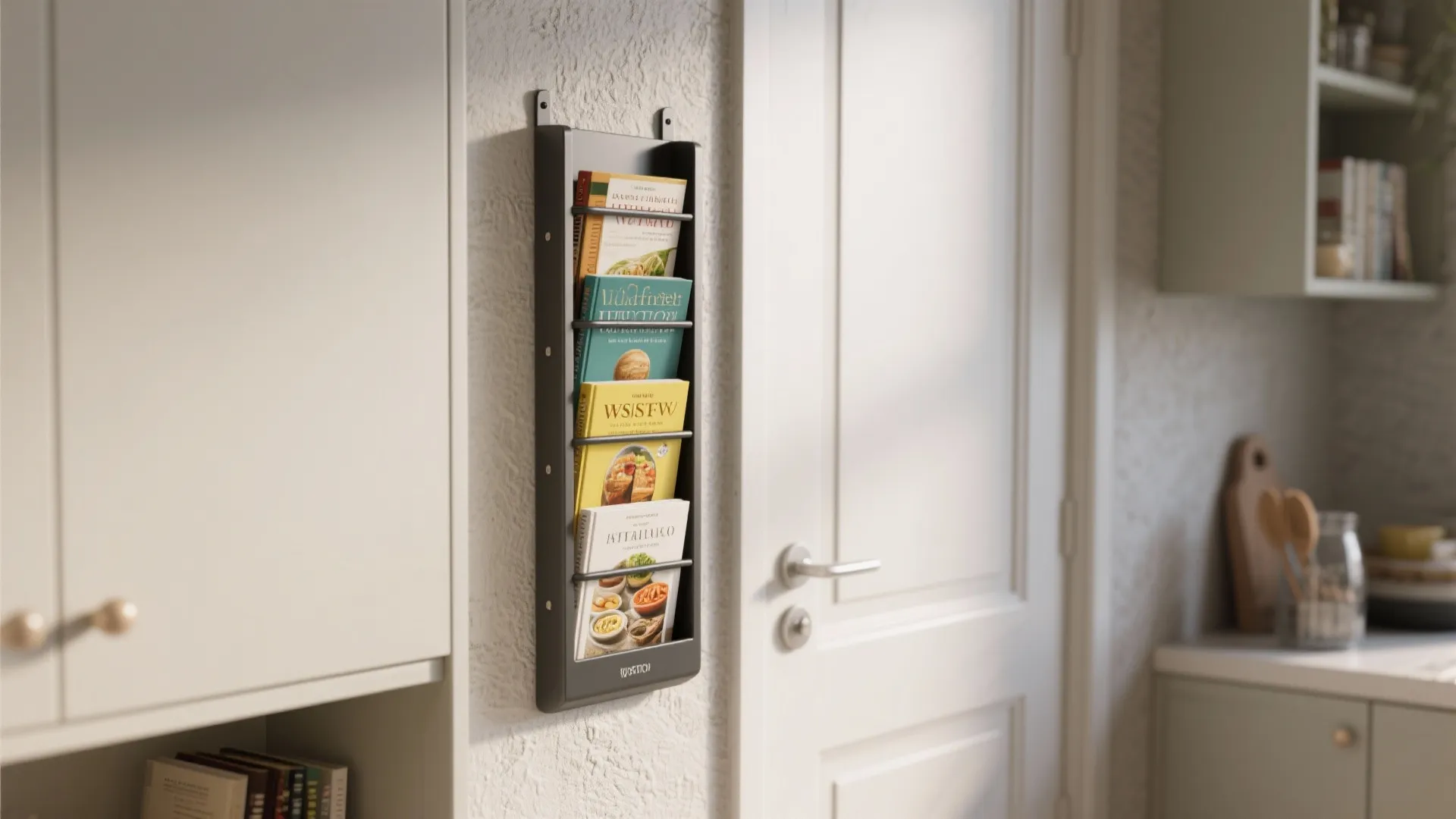 Black wall mounted magazine rack with colorful books fixed beside a white door and cabinet