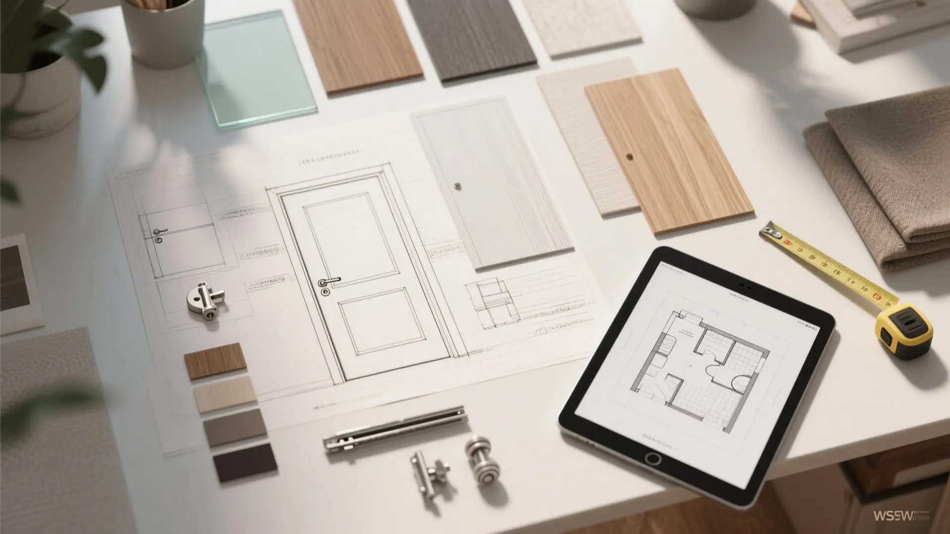 Door interior design drawing with wood material samples and tablet showing house floor plan on desk