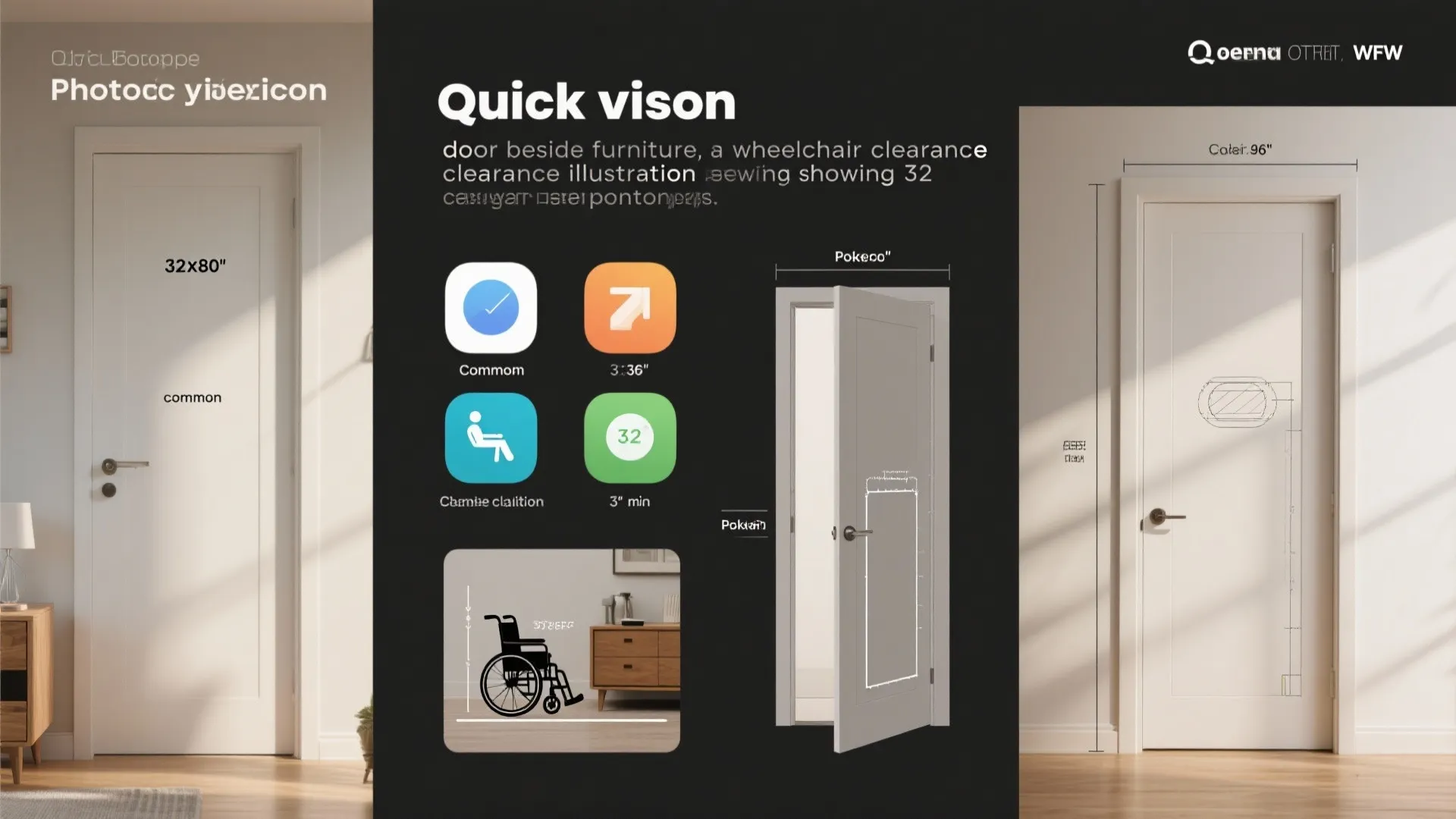 Visual FAQ collage showing common door sizes, wheelchair clearance, pocket door, and tall door proportions.