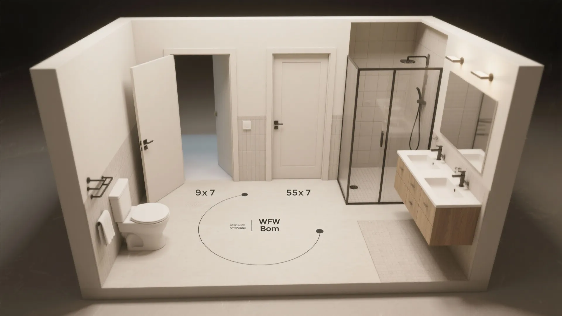 Modern bathroom layout with white toilet and double sink cabinet plus a glass shower box