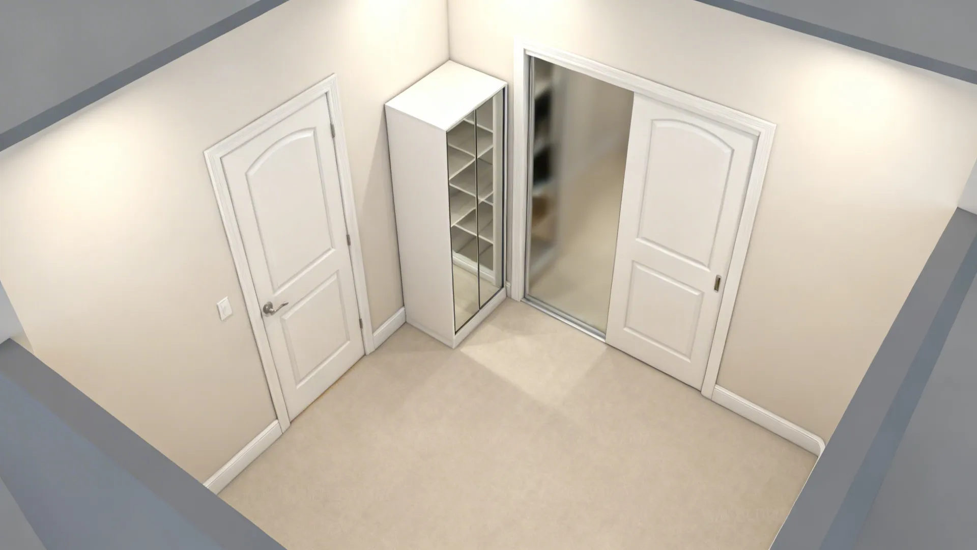 Sliding door and mirrored storage to open sightlines