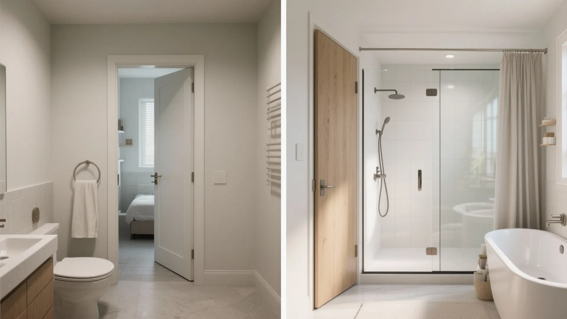 Modern white bathroom with toilet and sink next to a wooden door and glass shower