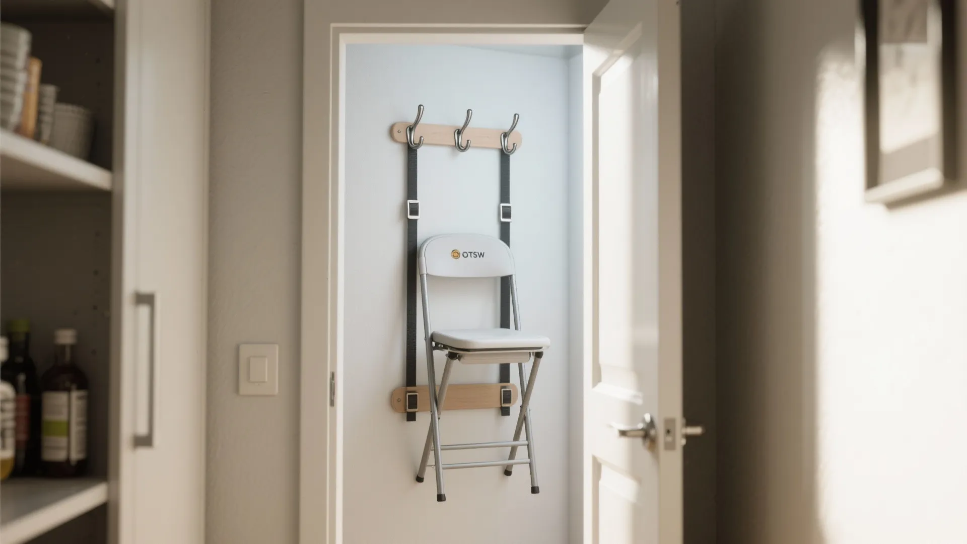 White folding chair hanging on a white door using wall hooks and black storage straps
