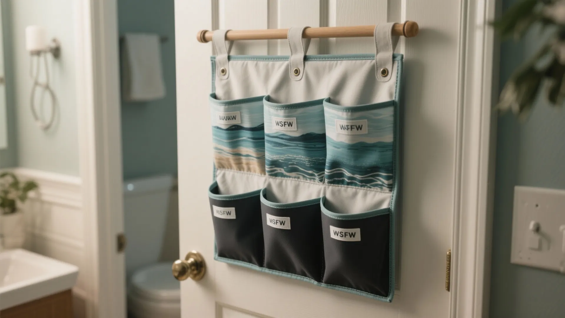 Fabric organizer with six storage pockets hanging on a white door in a bright bathroom