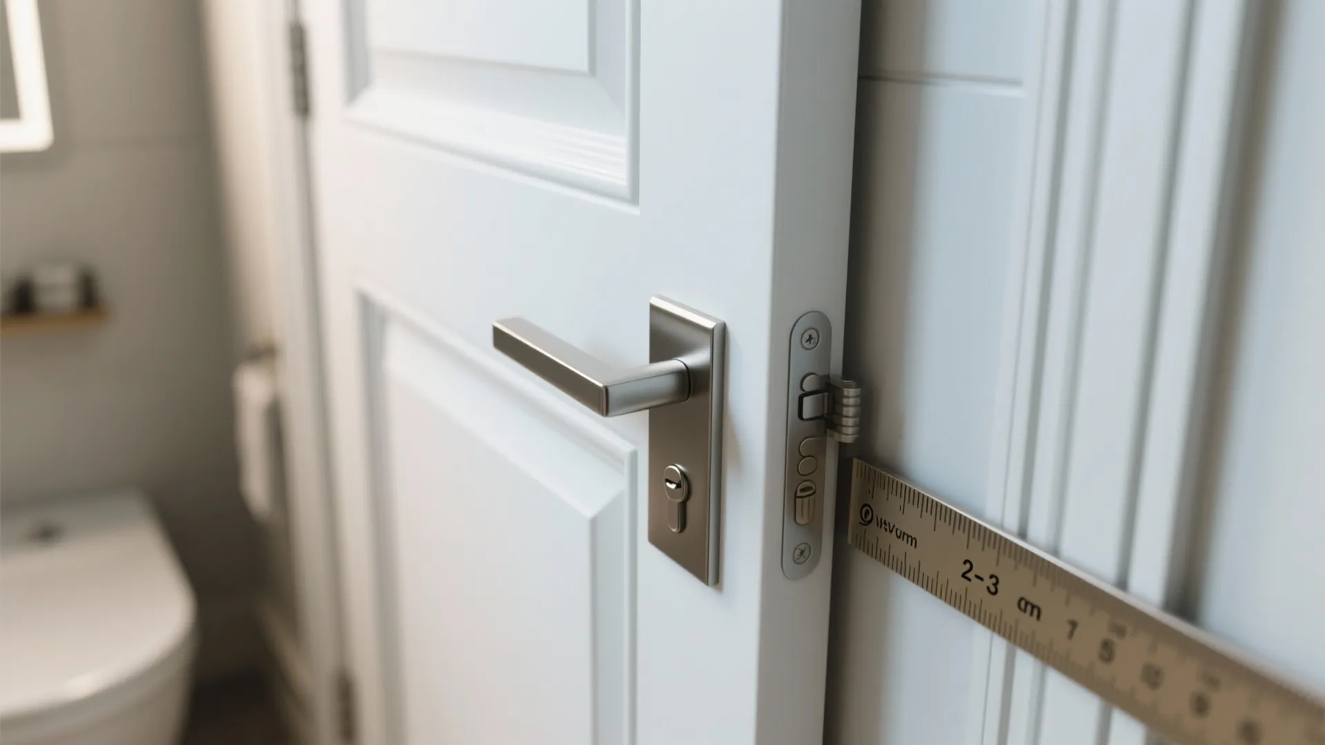 Measuring the gap between a white door and wall using a metal ruler for installation