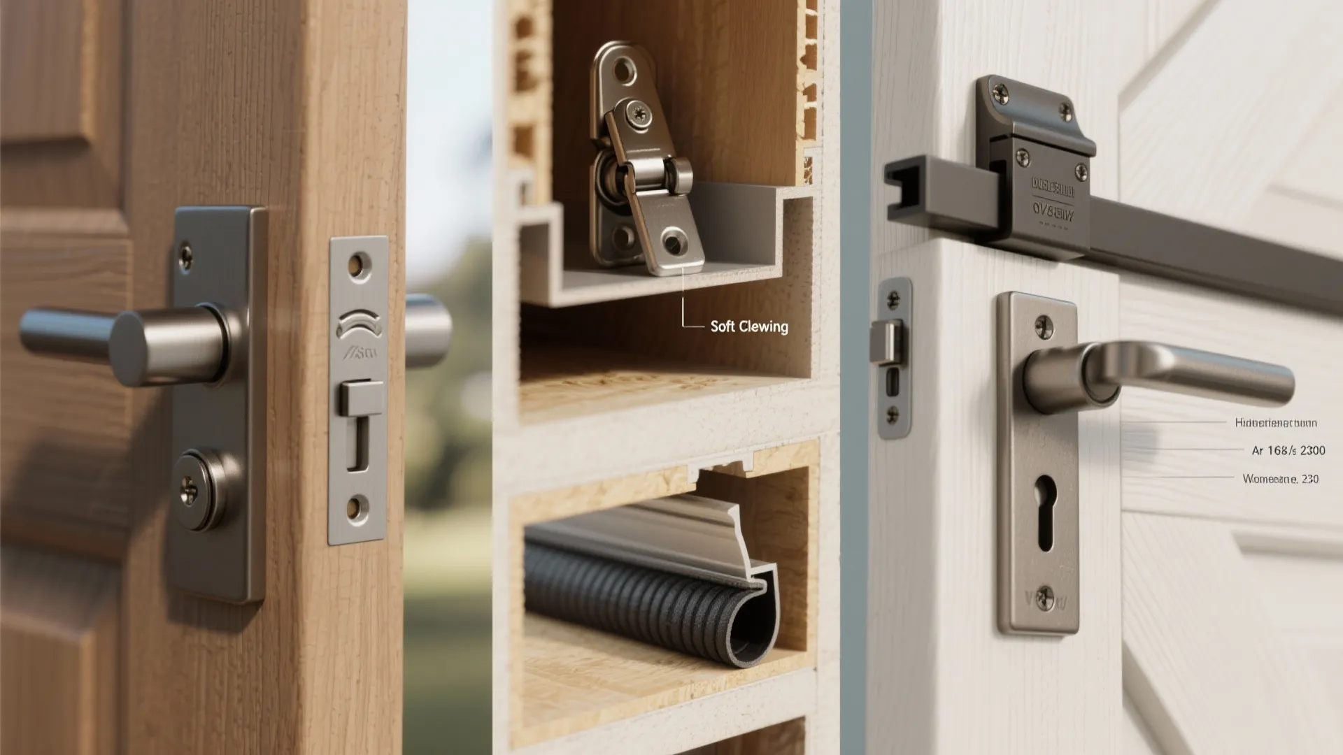 Interior design drawing showing different door handles metal hinges and soft closing mechanisms for doors
