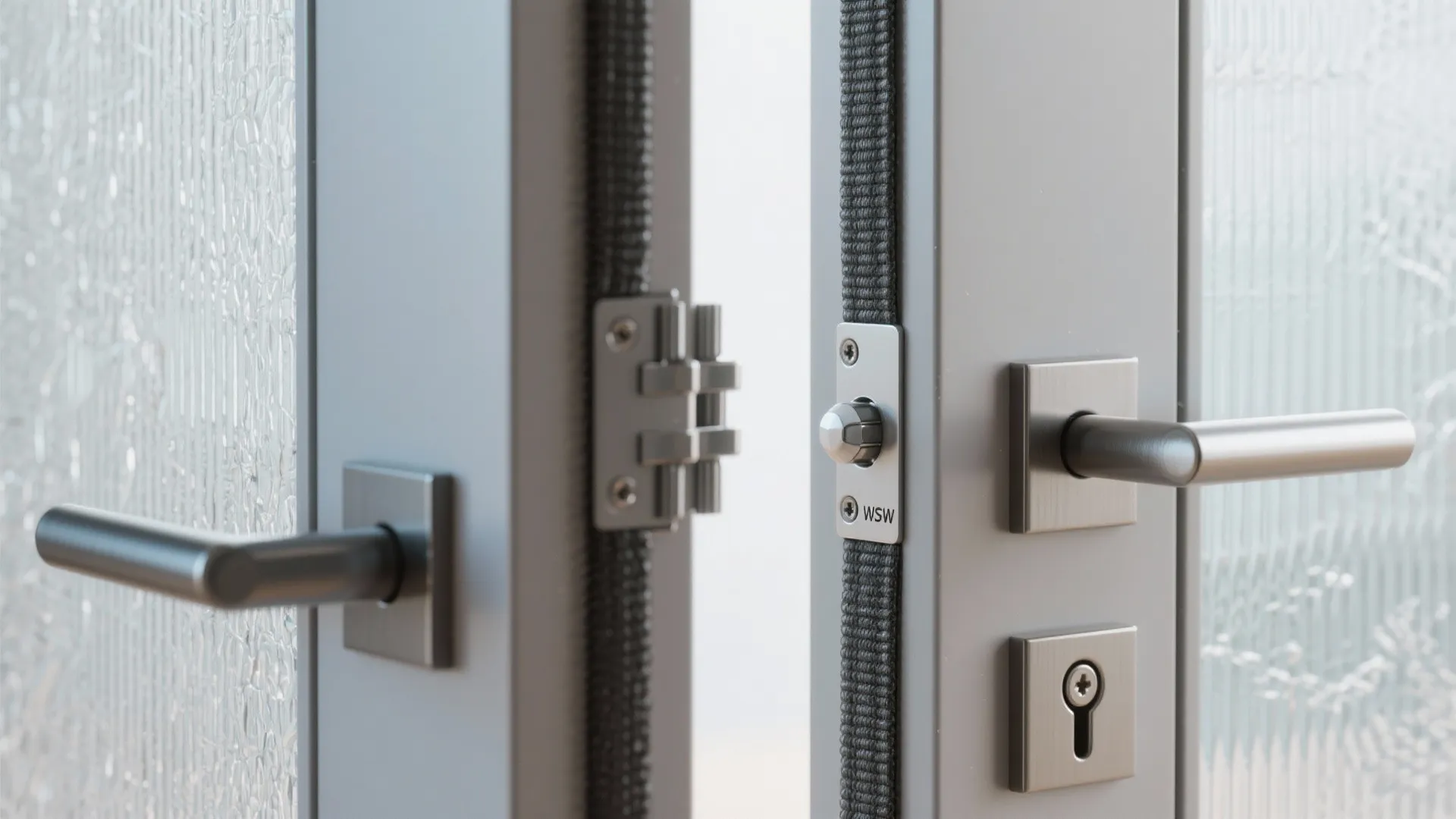 Close-up collage of door hardware, frosted glass texture, weatherstripping and hinge details.