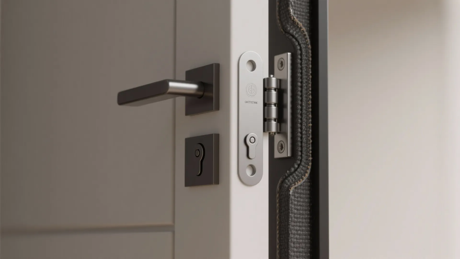 Close-up of swing door hinge and acoustic seal detailing for maintenance and sound control.
