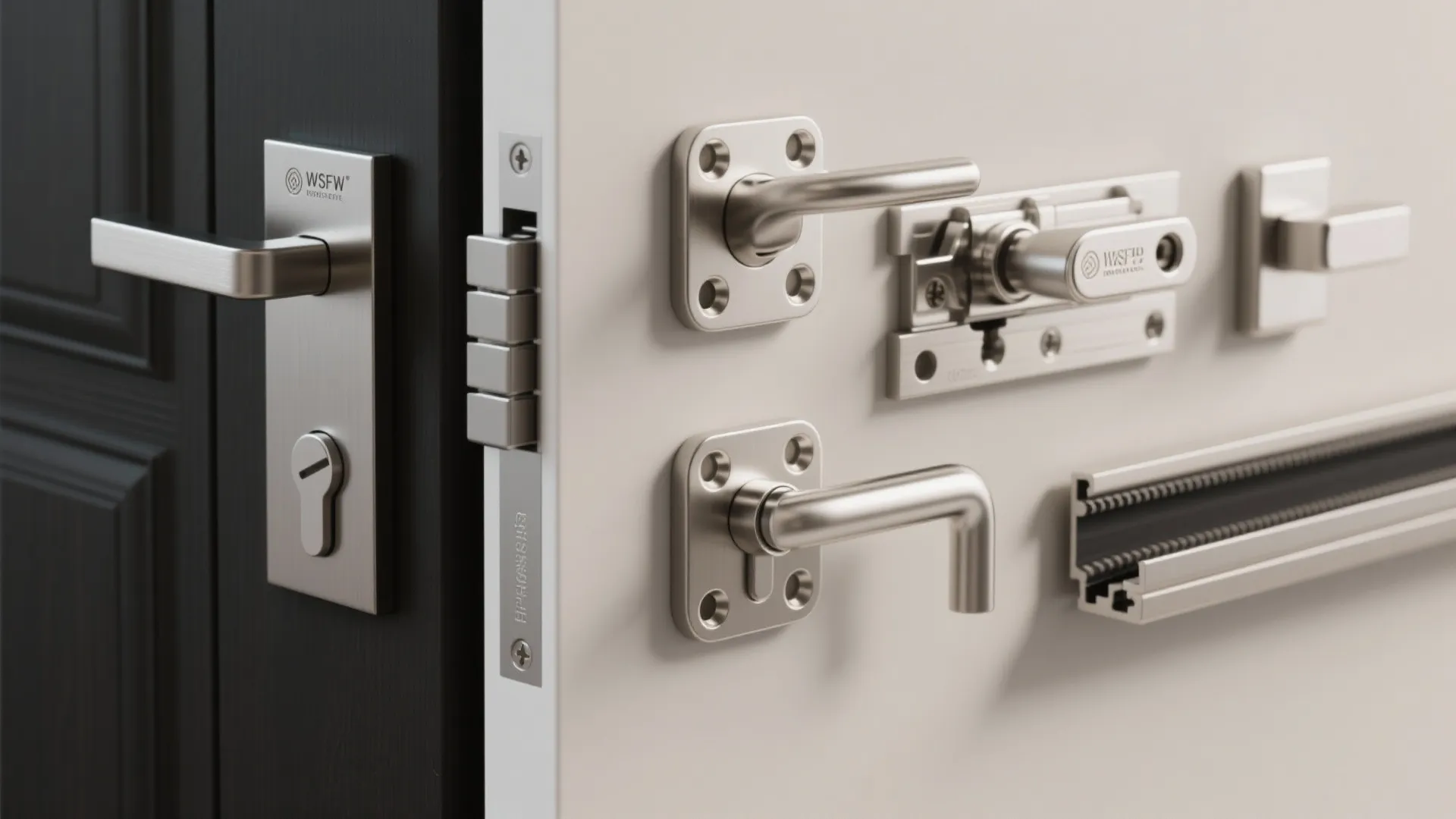 Close up of silver metal door handles and locks shown on a white display board