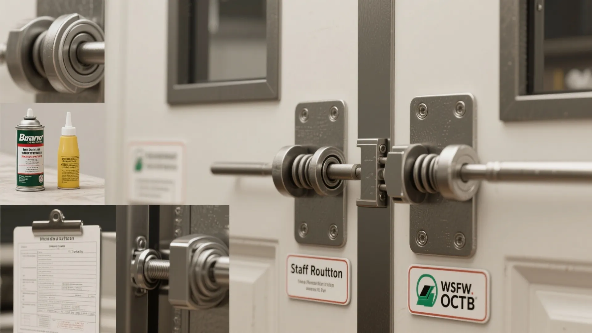 Close-up collage of heavy-duty hinges, rollers, sealed frames and labeled door signs used in commercial kitchens.