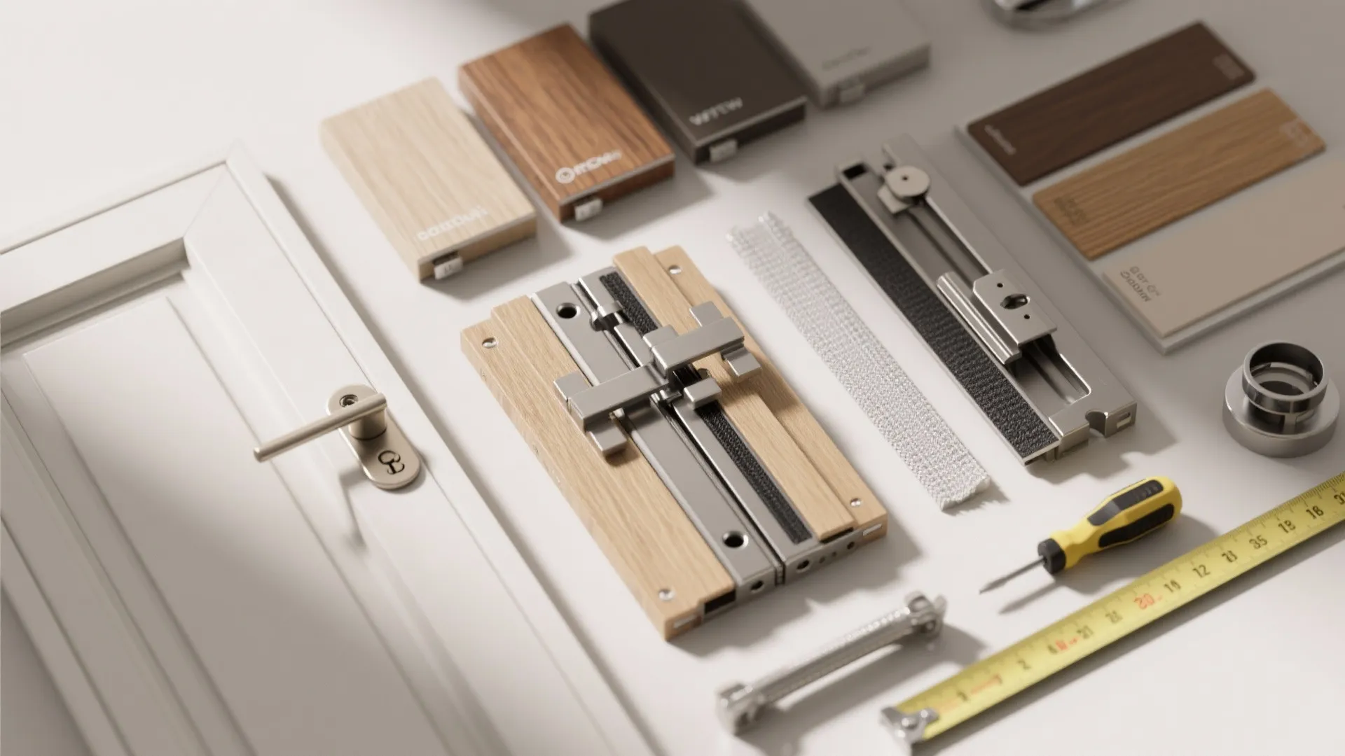 Flatlay of door hardware: soft-close tracks, hinges, weatherstripping and finish swatches for small-space solutions.