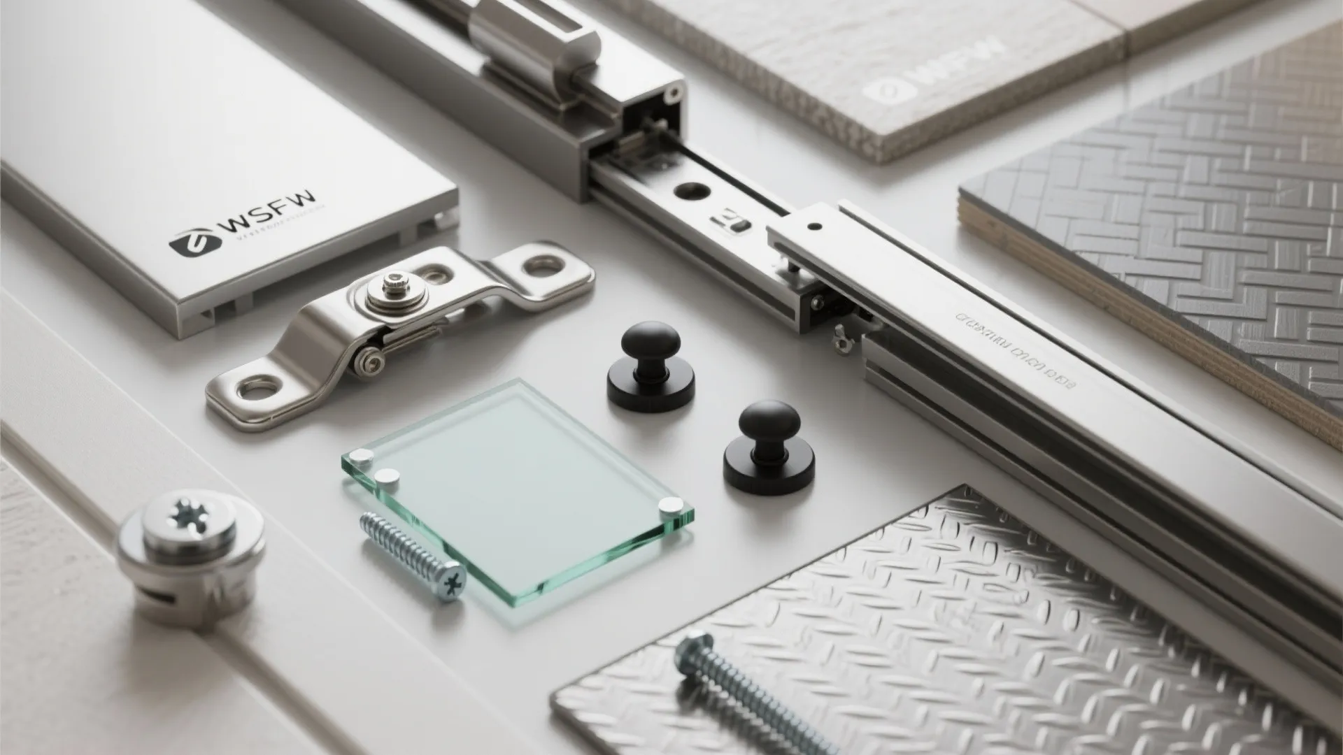 Flatlay of heavy-duty kitchen door hardware, rubber bumpers, laminated glass sample and sliding track section.