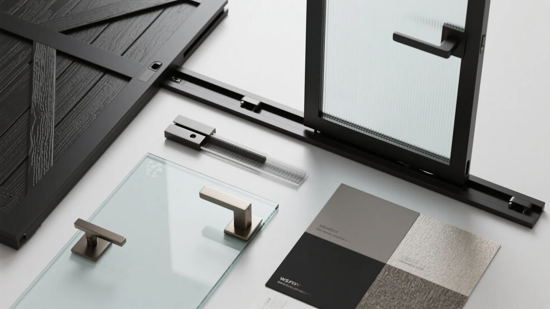 Flatlay of bi-fold tracks, frosted glass sample, soft-close hinge and privacy gasket for bathroom doors.