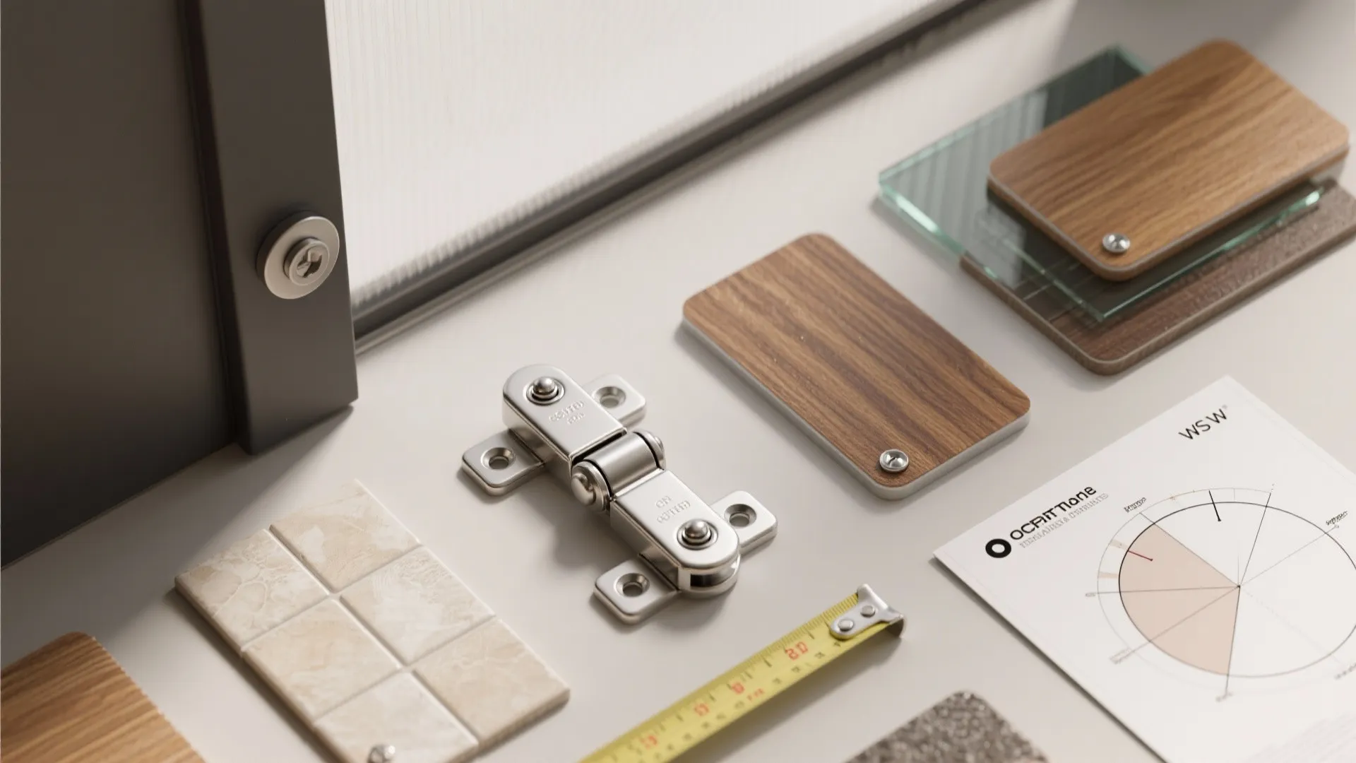 Flatlay of interior design materials including metal door hinges wood samples tiles and measuring tape