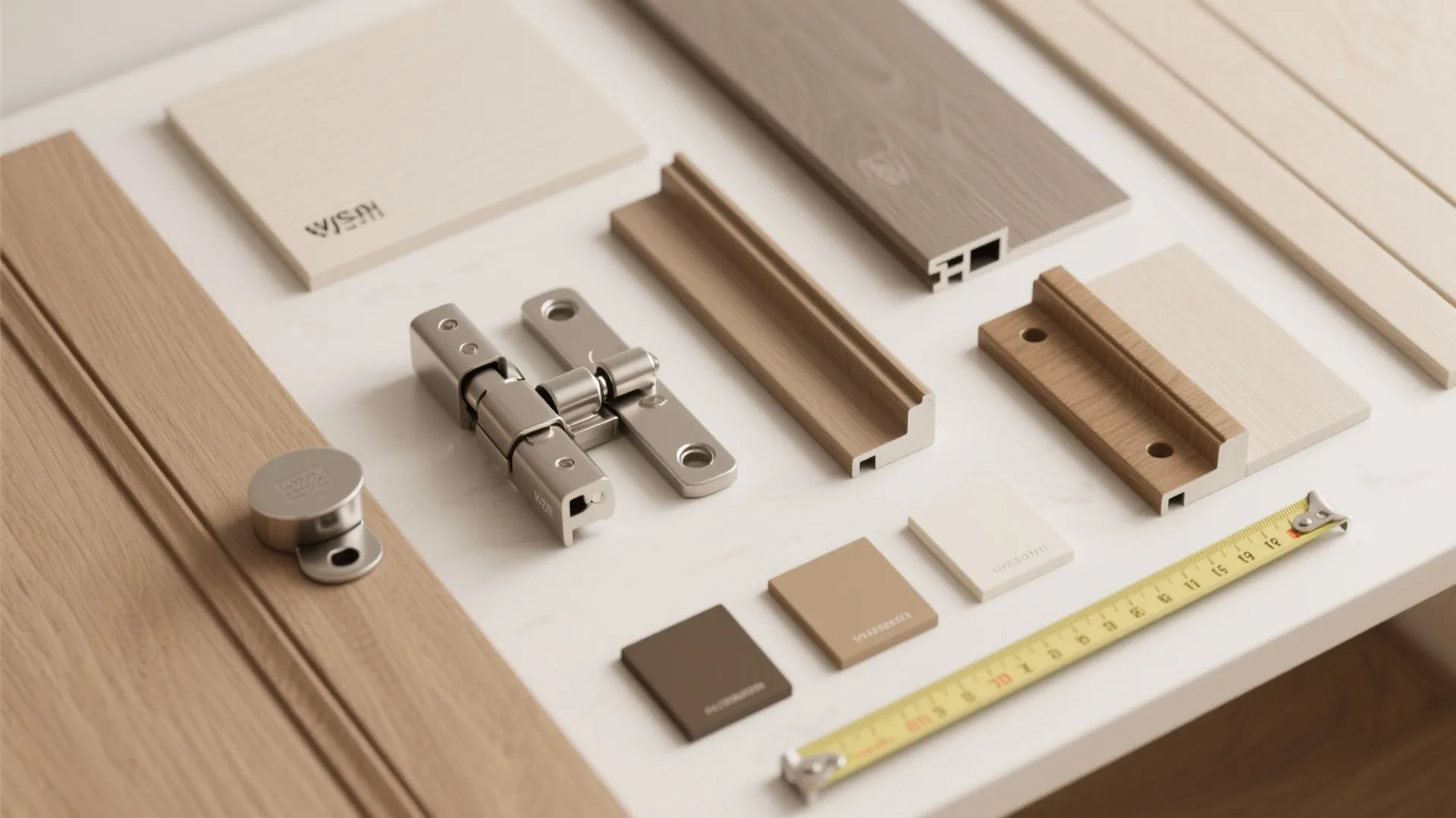 Flat lay showing door hardware metal hinges wood samples and a yellow measuring tape tool