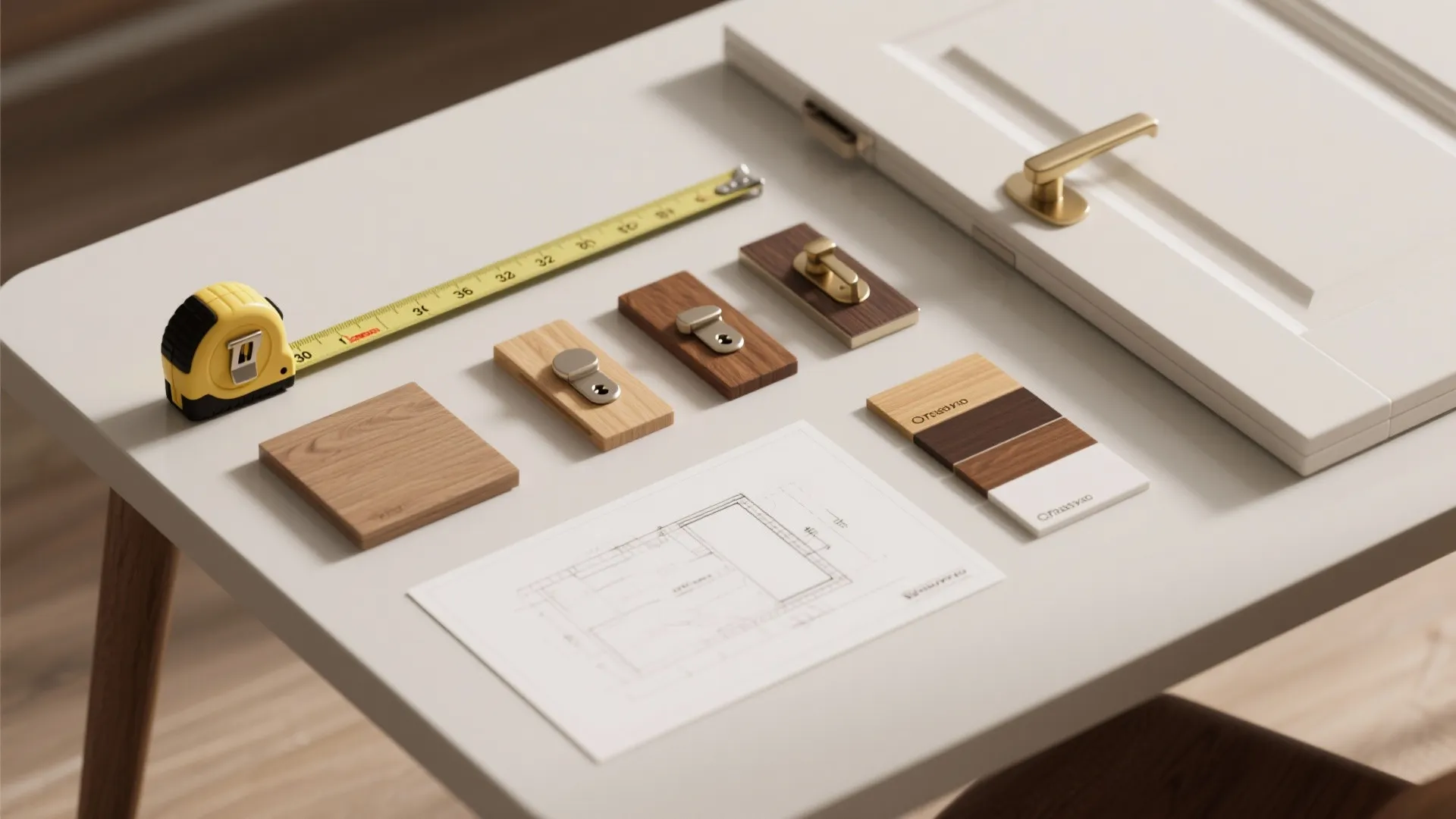 Interior design drawing with measuring tape wood samples door handles and white door on table