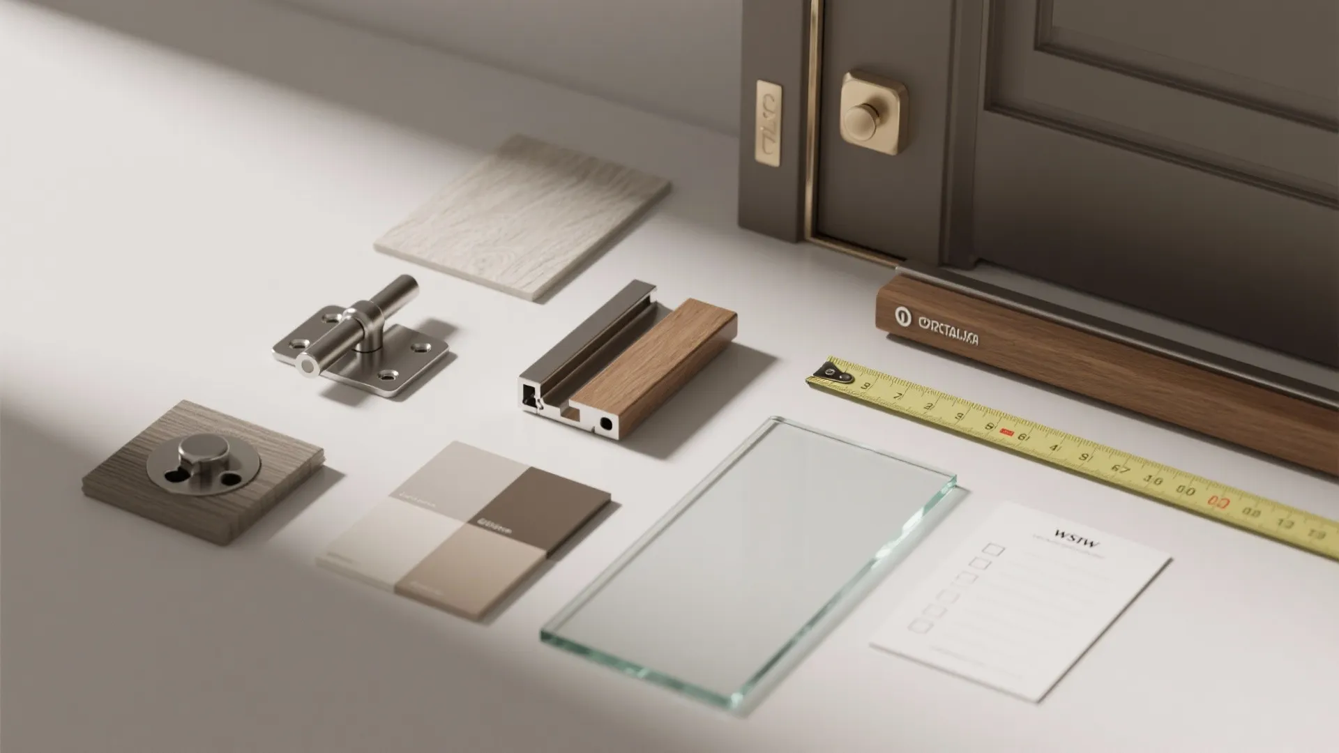 Collection of door hardware samples including metal hinges wood pieces glass and yellow measuring tape