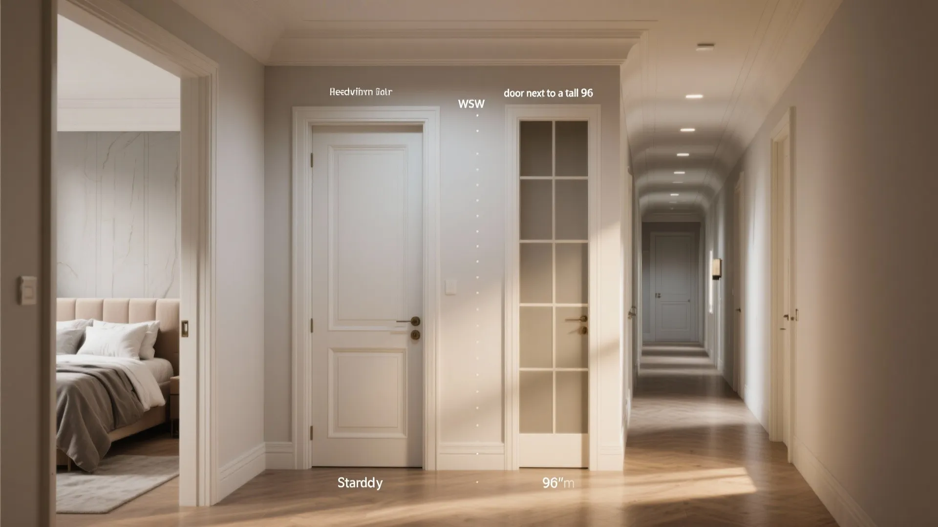Hallway showing an 80" door beside a 96" tall door to compare proportions with high ceilings.