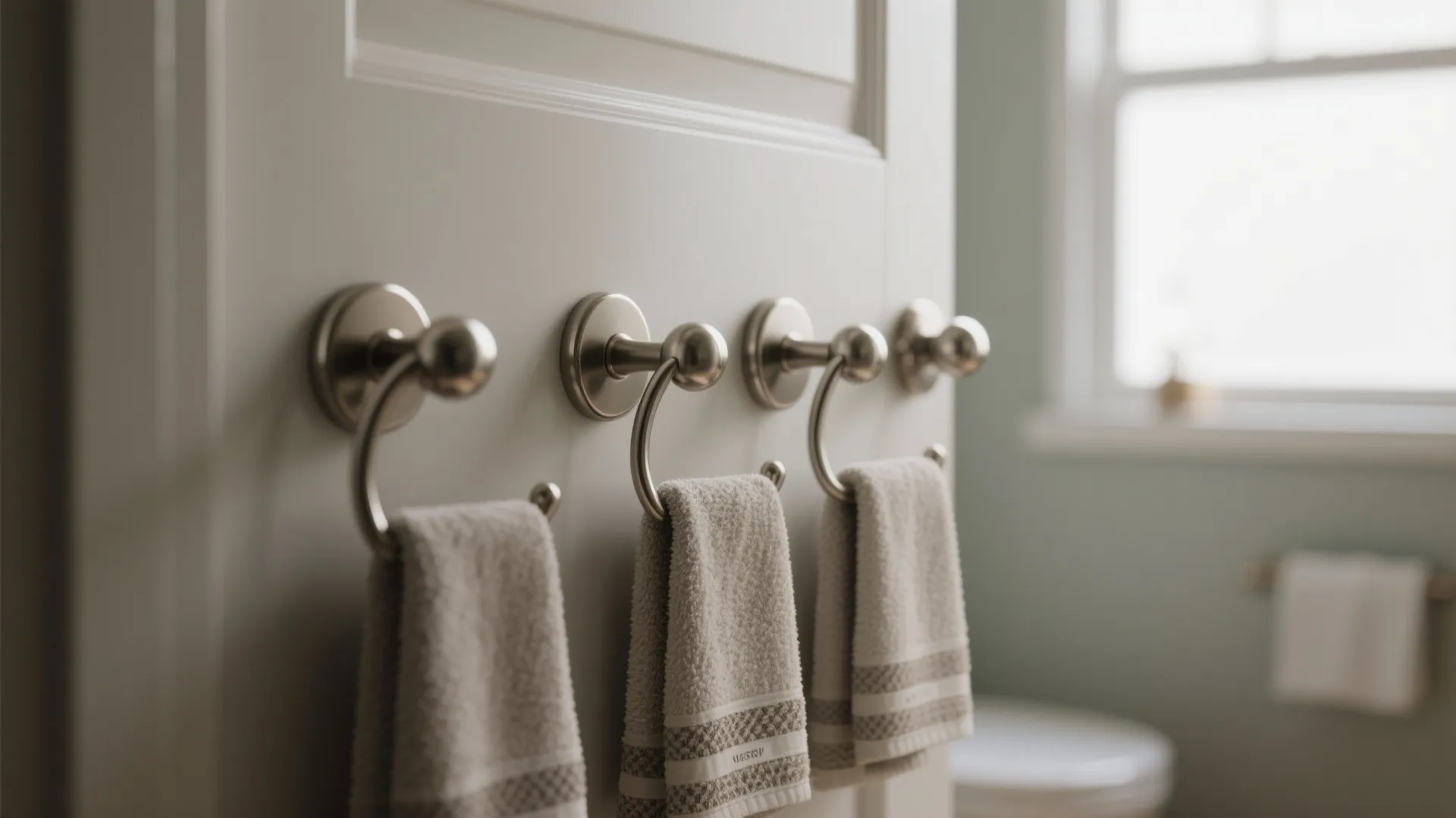 Silver wall hooks on a white door hanging three small beige towels in a bright bathroom