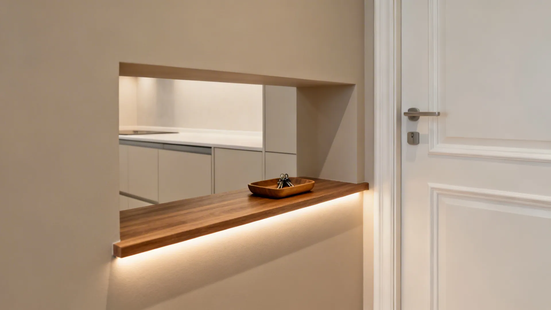 Recessed oak landing niche beside a kitchen door with a clear buffer zone for safe entry.