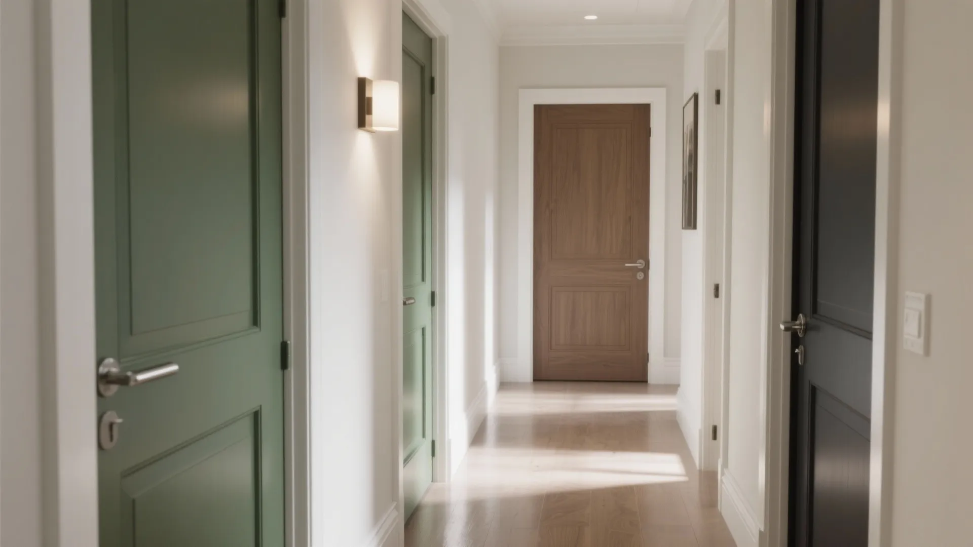 Modern white hallway with green doors and wood door featuring wall light and wood floor