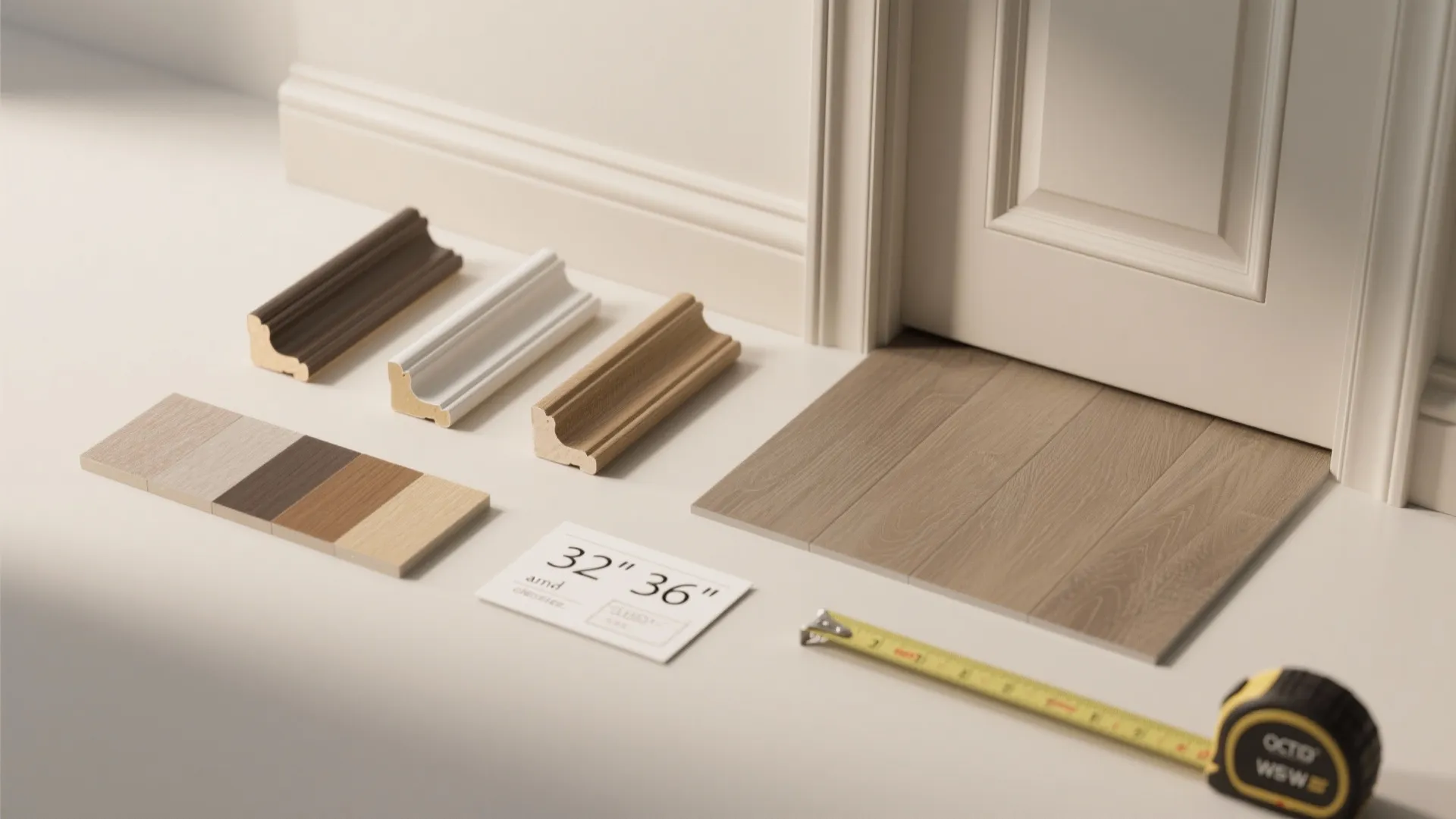 Flatlay of trim samples, floor swatches and measuring tape for door clearance planning.