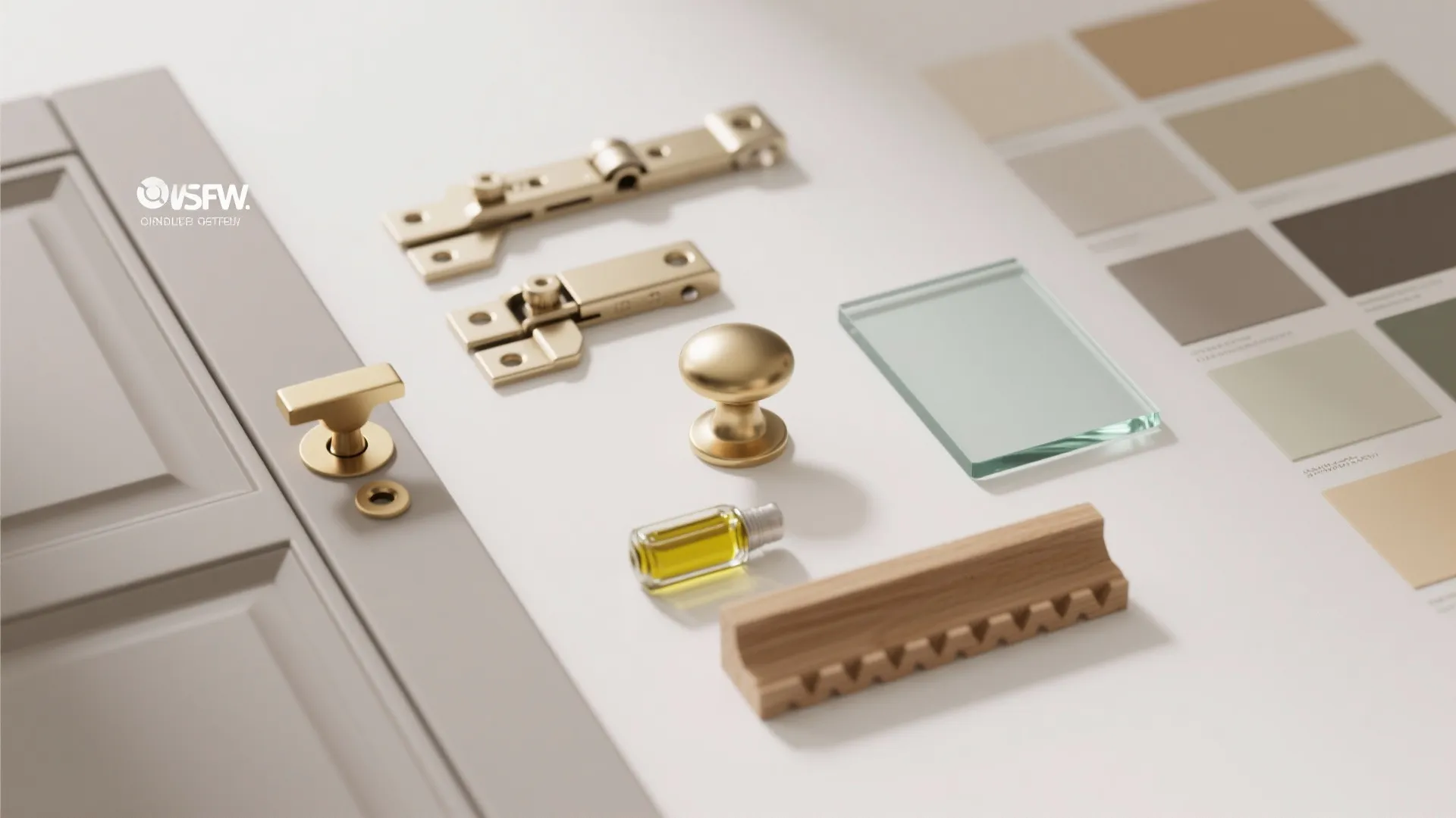 Collection of gold door handles hinges glass pieces and color paint samples on white background