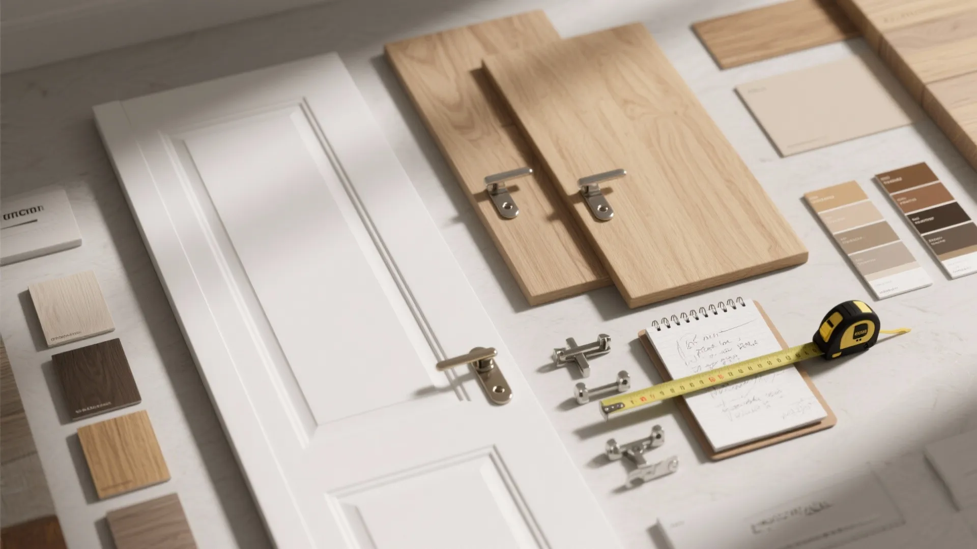 Flatlay of door materials including wood samples color cards measuring tape and a small notebook