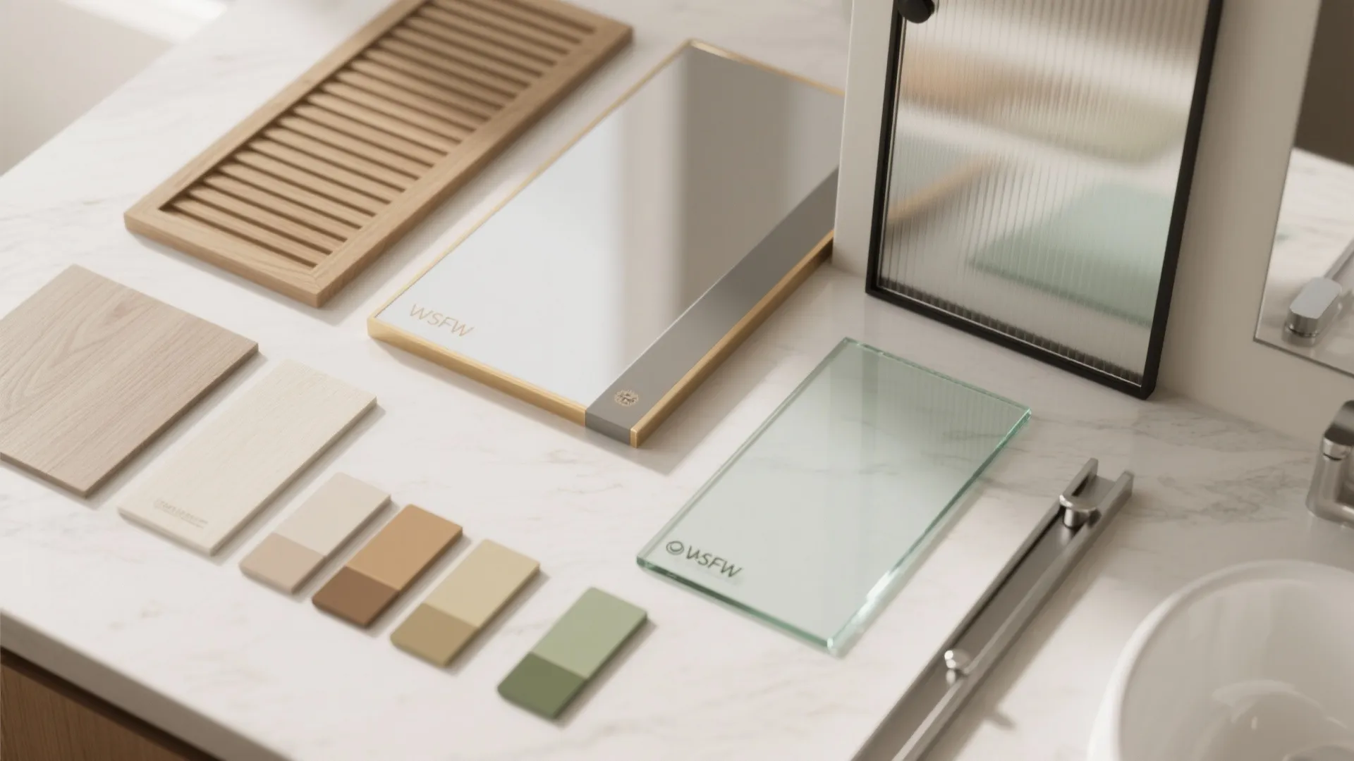 Various interior design material samples including wood panels glass and color swatches on marble surface